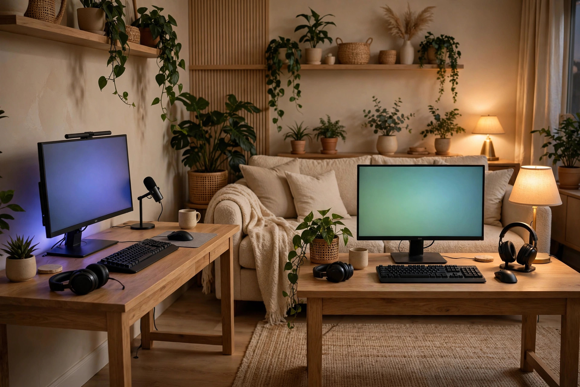 Shared couple's gaming room with two matching desks, glowing monitors and warm neutral decor, wide horizontal 3:2 composition, no text or words in the image