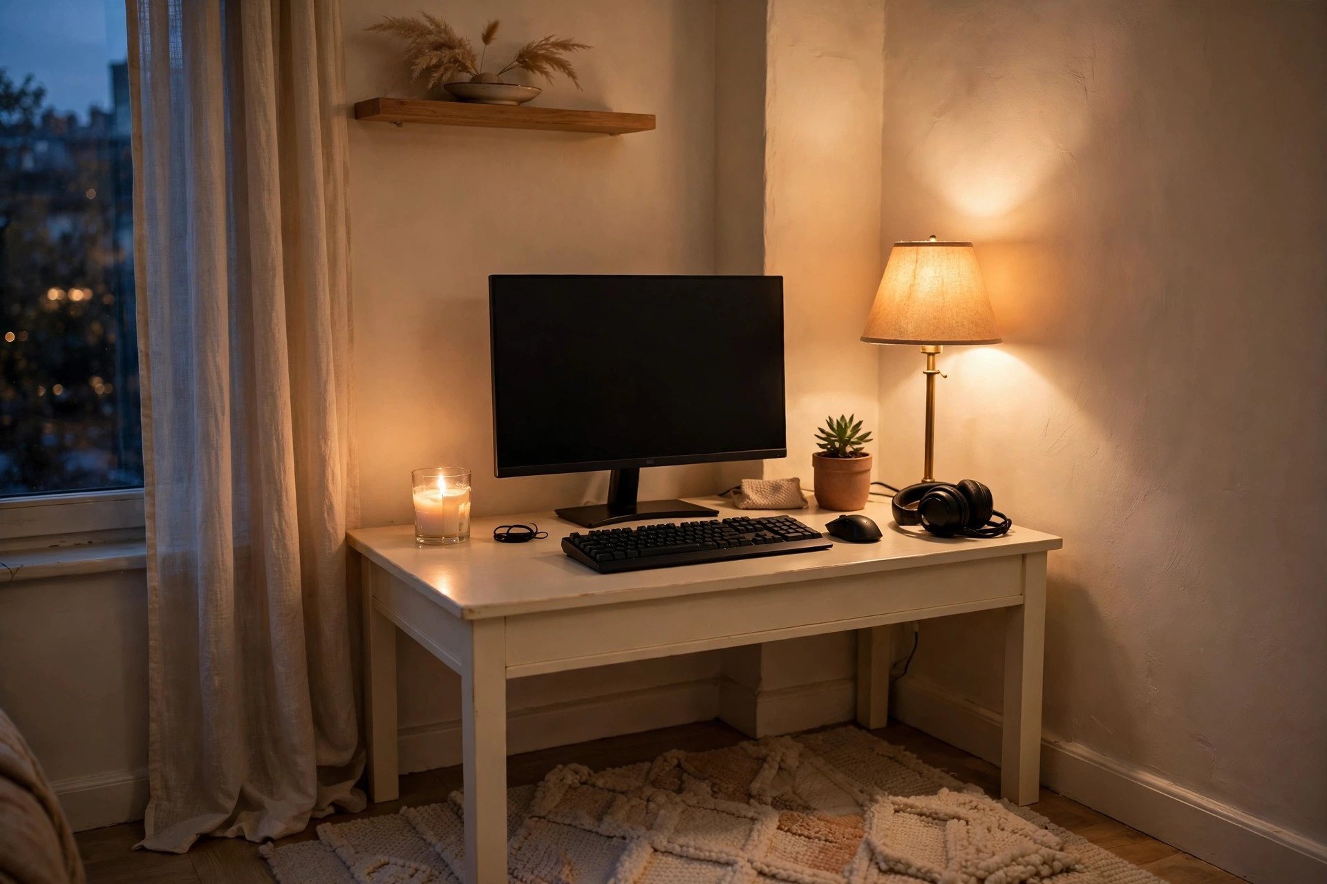 Small apartment corner gaming nook with a cream desk, a lit candle and warm lamp glow, wide horizontal 3:2 composition, no text or words in the image