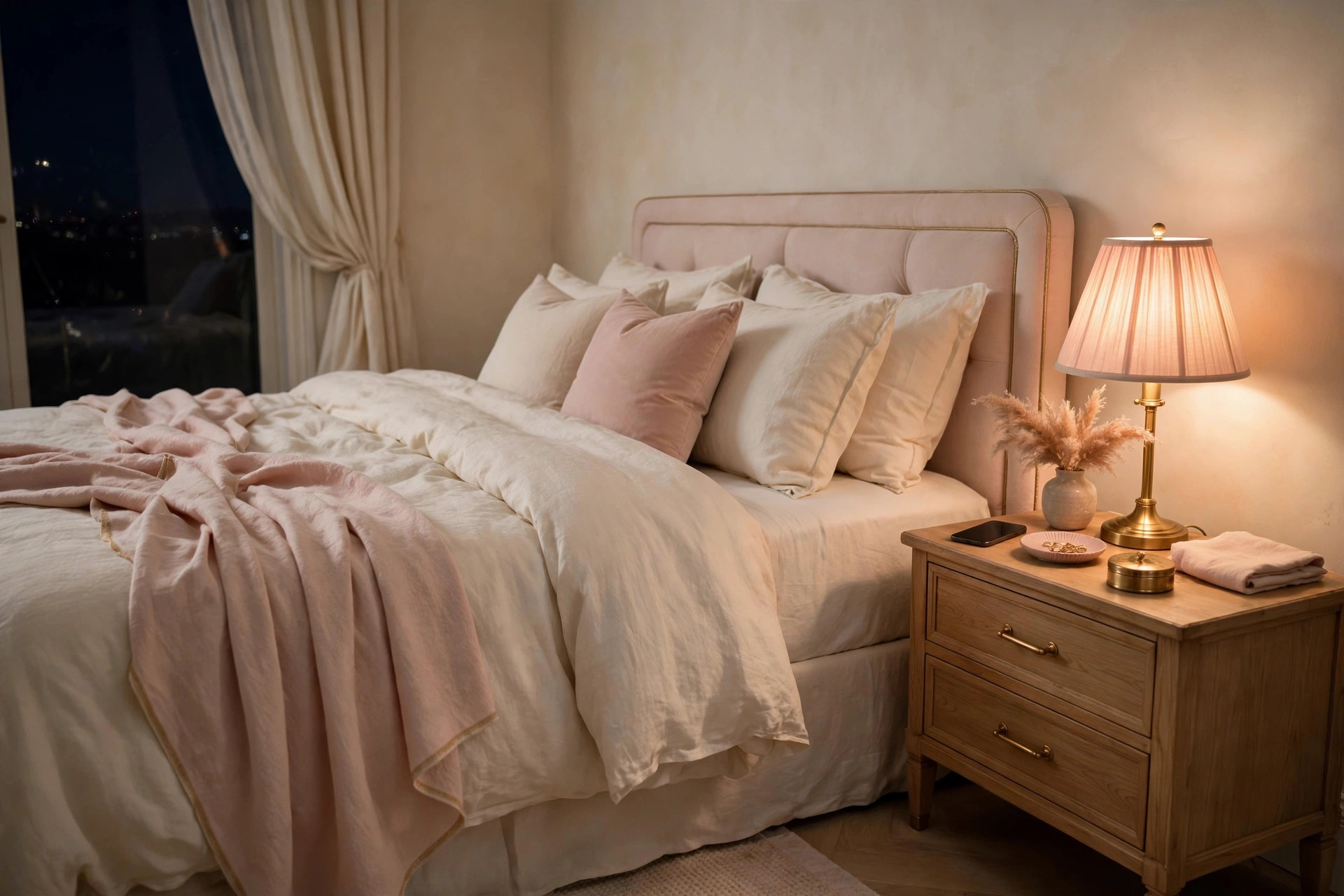 Smartphone placed face down on a bedside table in soft warm lamplight for a screen-free evening