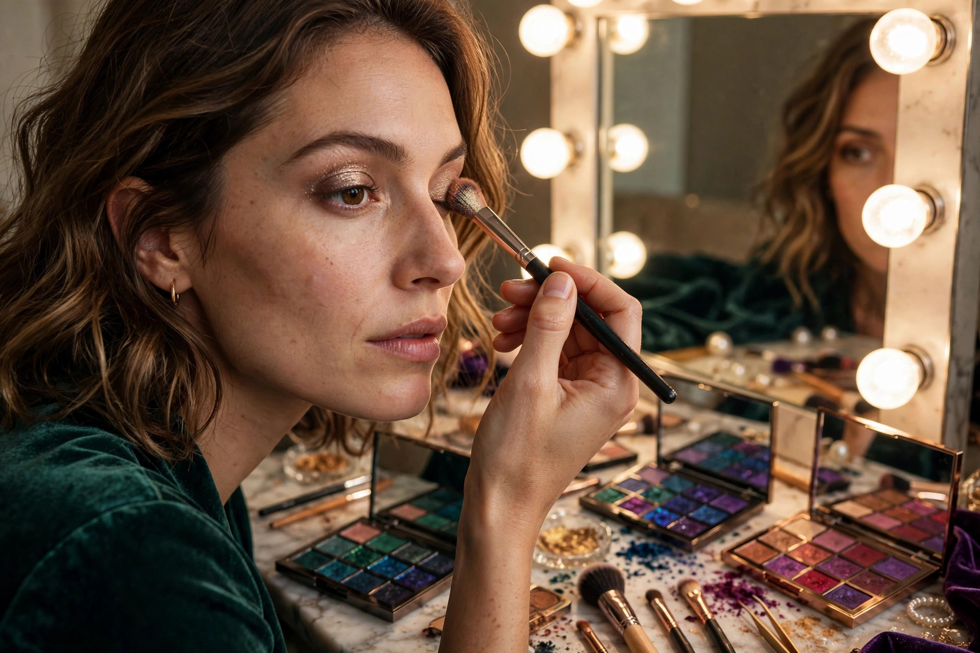 Photorealistic close-up of a woman applying shimmering eyeshadow with a brush at a lit vanity mirror, jewel-toned palettes and brushes around her, wide horizontal 3:2 composition, no text or words in the image.