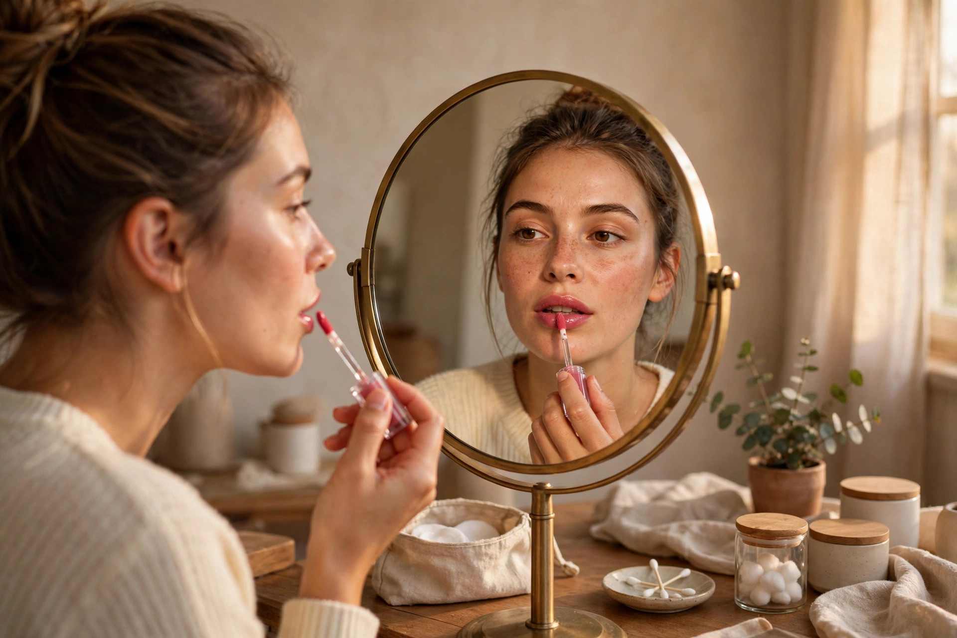 Woman applying glossy pink lip gloss with a doe-foot applicator while looking into a vanity mirror, wide horizontal 3:2 composition, no text or words in the image