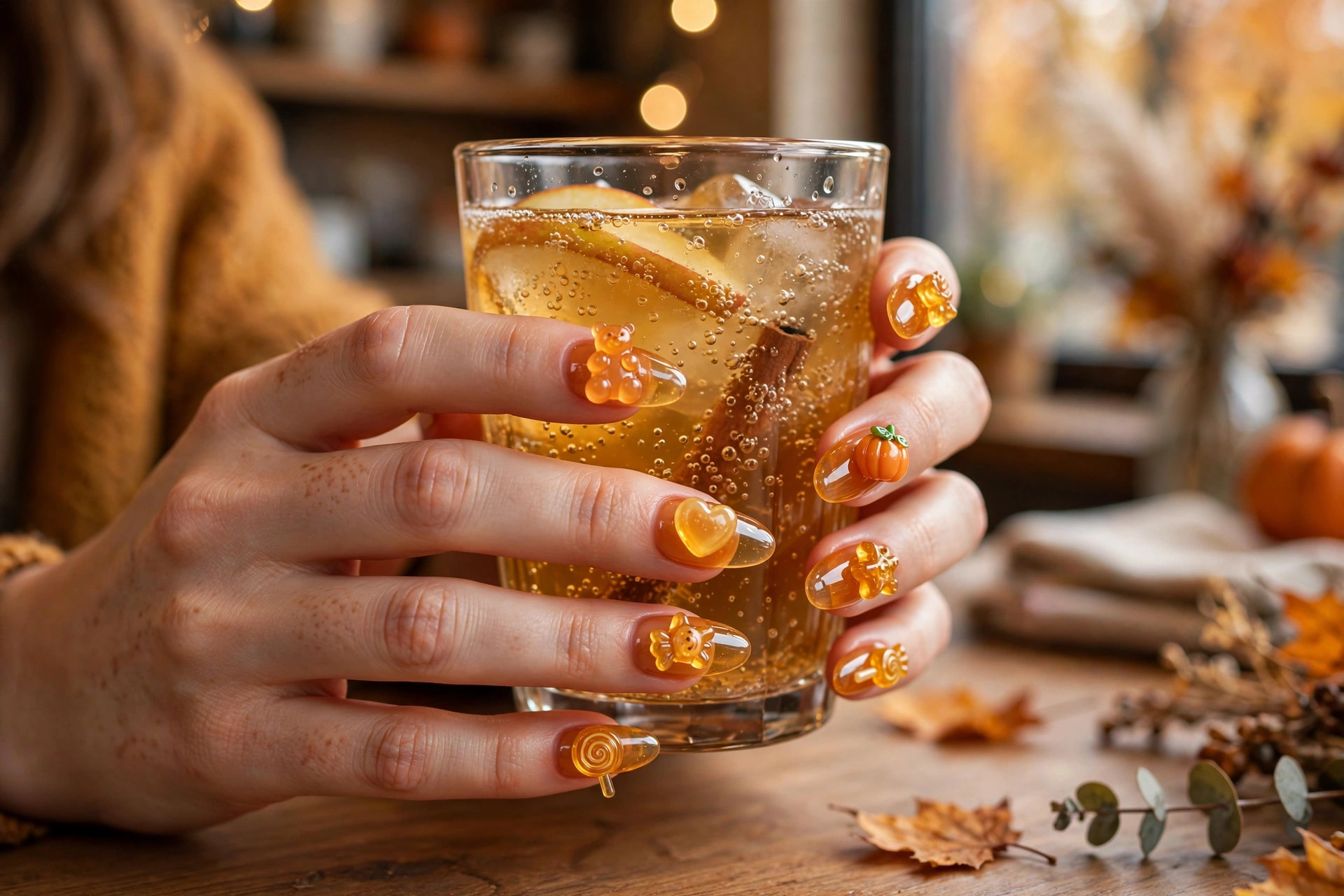 Elegant hands with glossy translucent amber jelly nails wearing small cute 3D candy charms holding a sparkling apple cider in a cosy autumn cafe, wide horizontal 3:2 composition, no text or words in the image