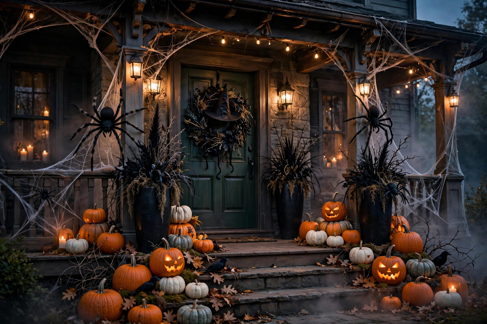 Photorealistic Halloween front porch staged like a haunted set with tall black planters, oversized spiders, layered pumpkins and a witch-hat wreath on the door, evening glow, wide horizontal composition, no text or words in the image.
