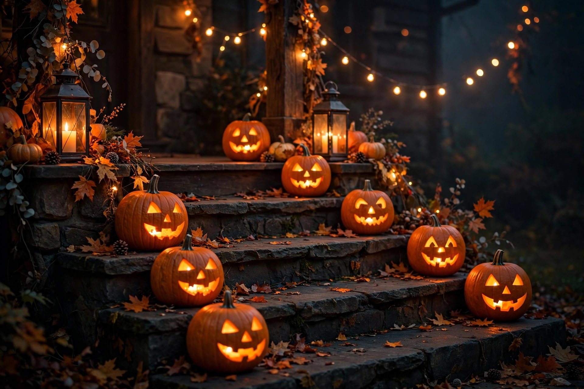 Photorealistic close-up of Halloween porch lighting with lanterns, string lights and glowing jack-o-lanterns lining stone steps at night, atmospheric orange glow, wide horizontal composition, no text or words in the image.