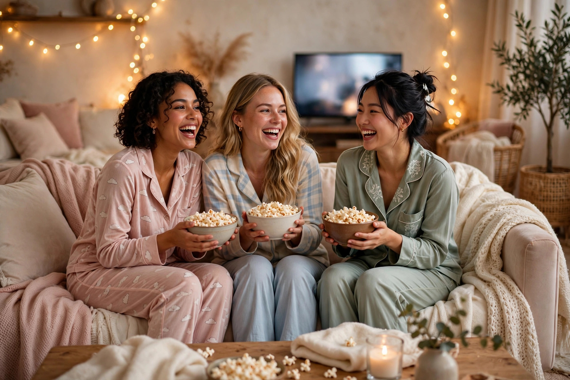 Three friends in cosy pyjamas watching a Halloween movie together with popcorn in a warmly lit living room