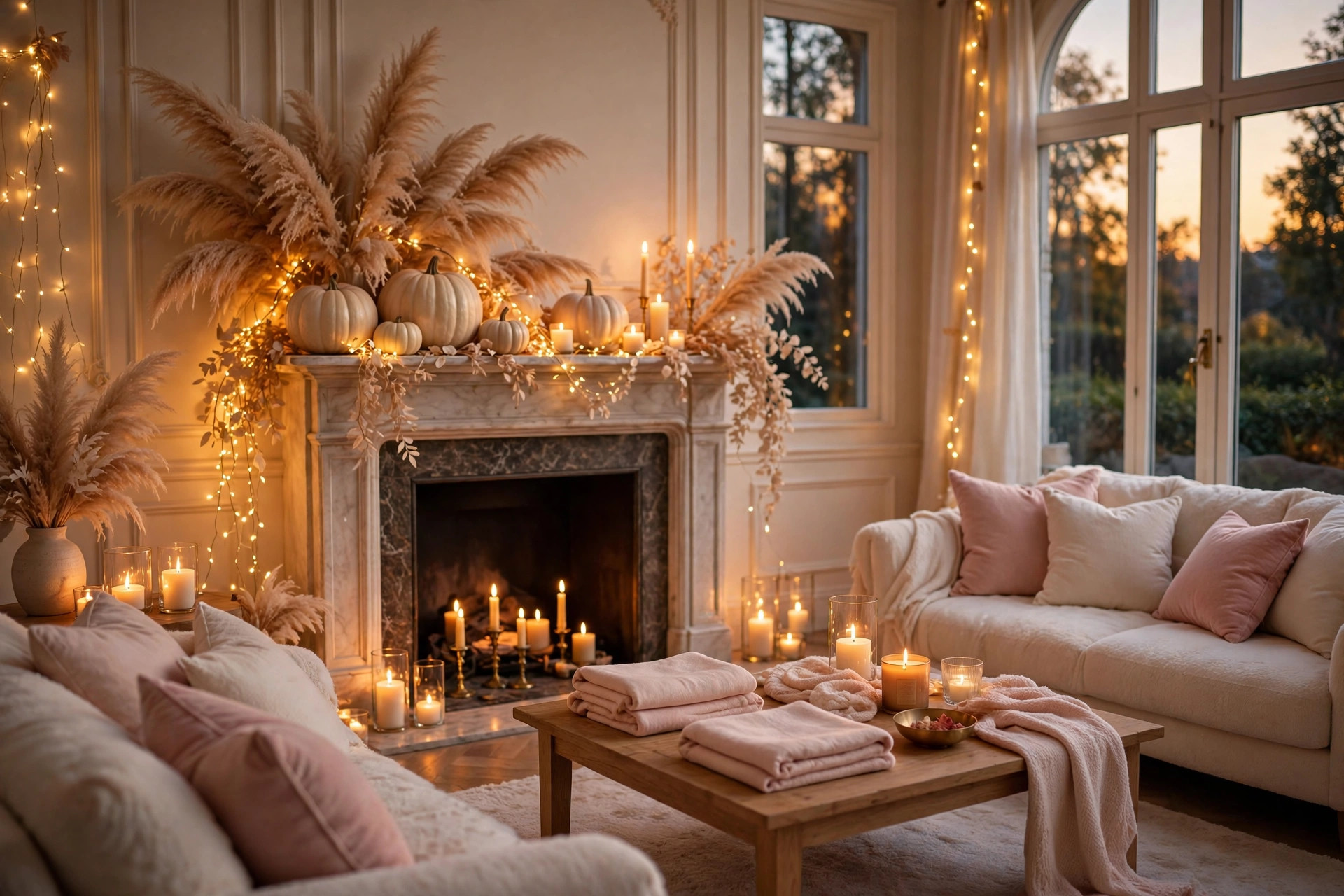 Elegant Halloween decorated living room with fairy lights, candles and blush pumpkins ready for movie night