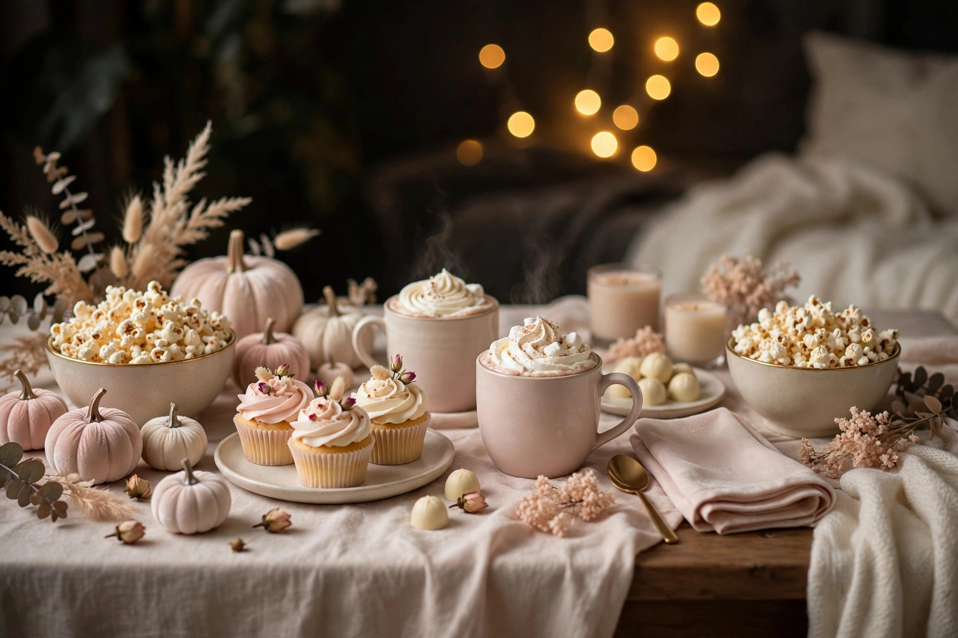 Halloween movie night snack table with popcorn, cupcakes and hot chocolate in blush and cream tones