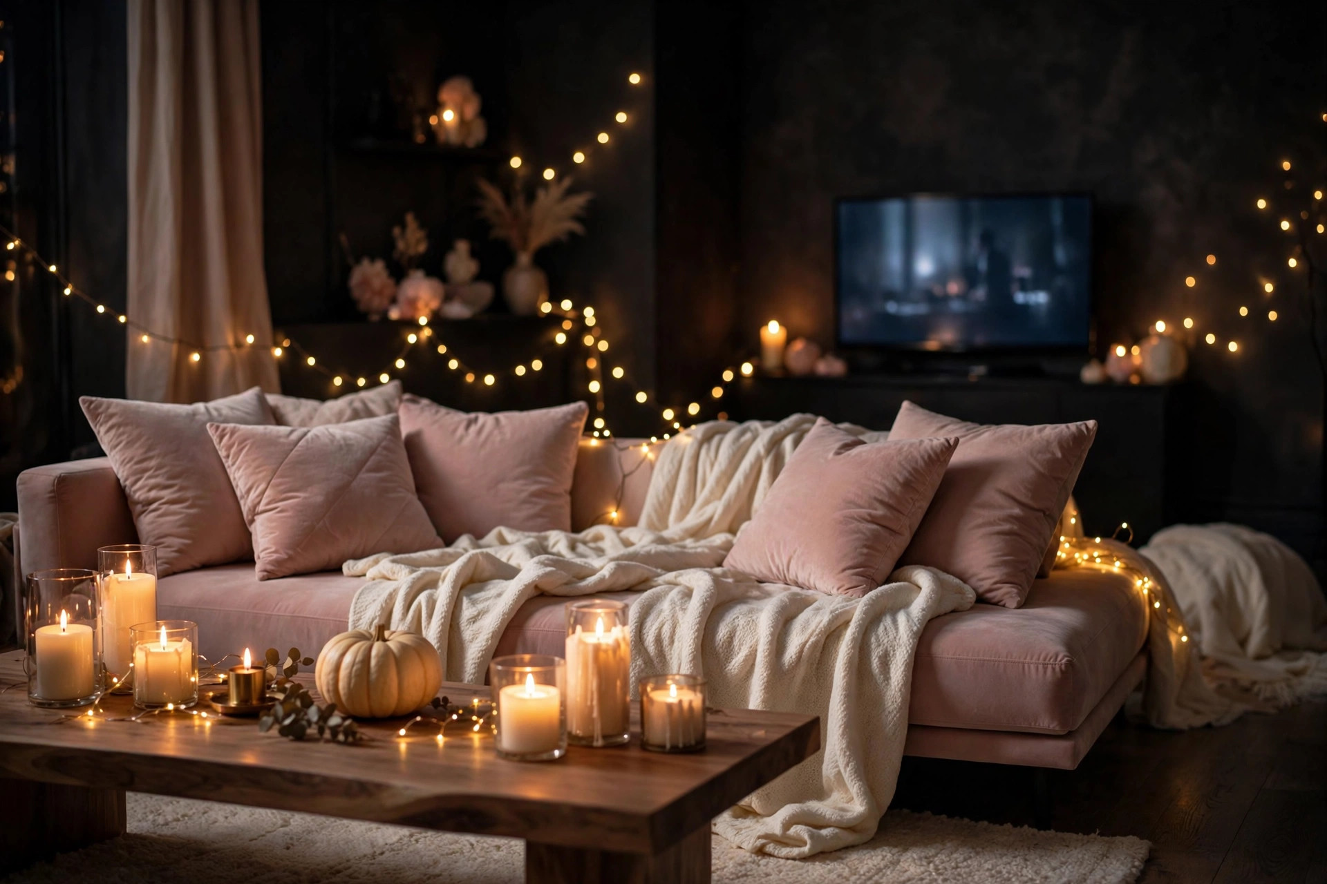 Cosy dark living room with glowing candles and fairy lights set up for watching a Halloween film