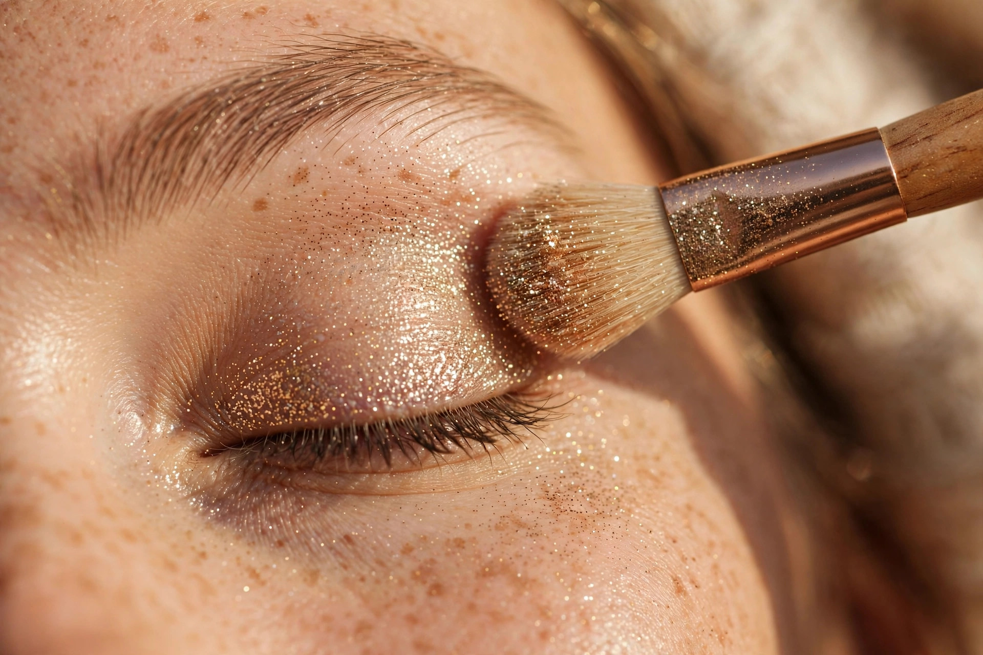 Close-up of glittery champagne eyeshadow being blended onto an eyelid with a soft brush, wide horizontal 3:2 composition, no text or words in the image