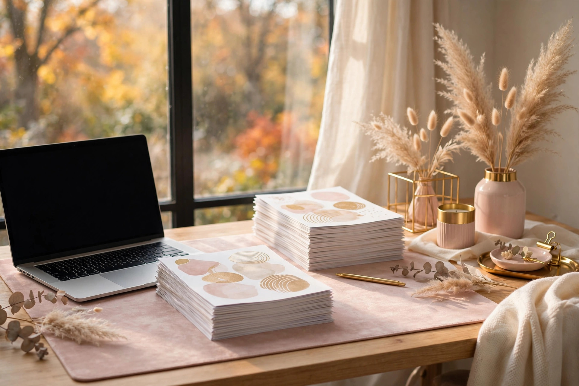 Cozy small business desk with laptop and printed planner pages in blush and cream tones