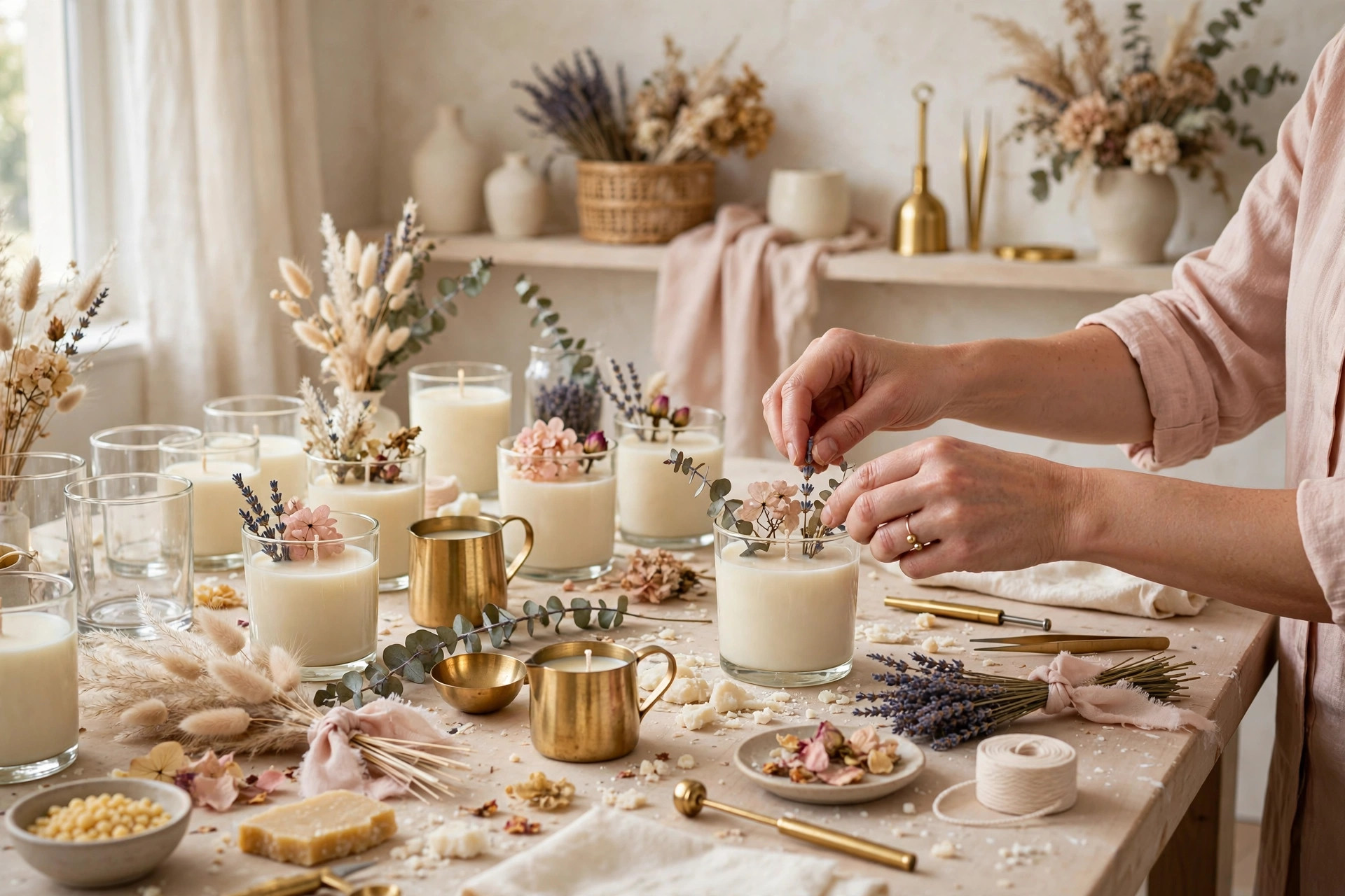 Artisan hands crafting handmade candles in a bright cream toned studio