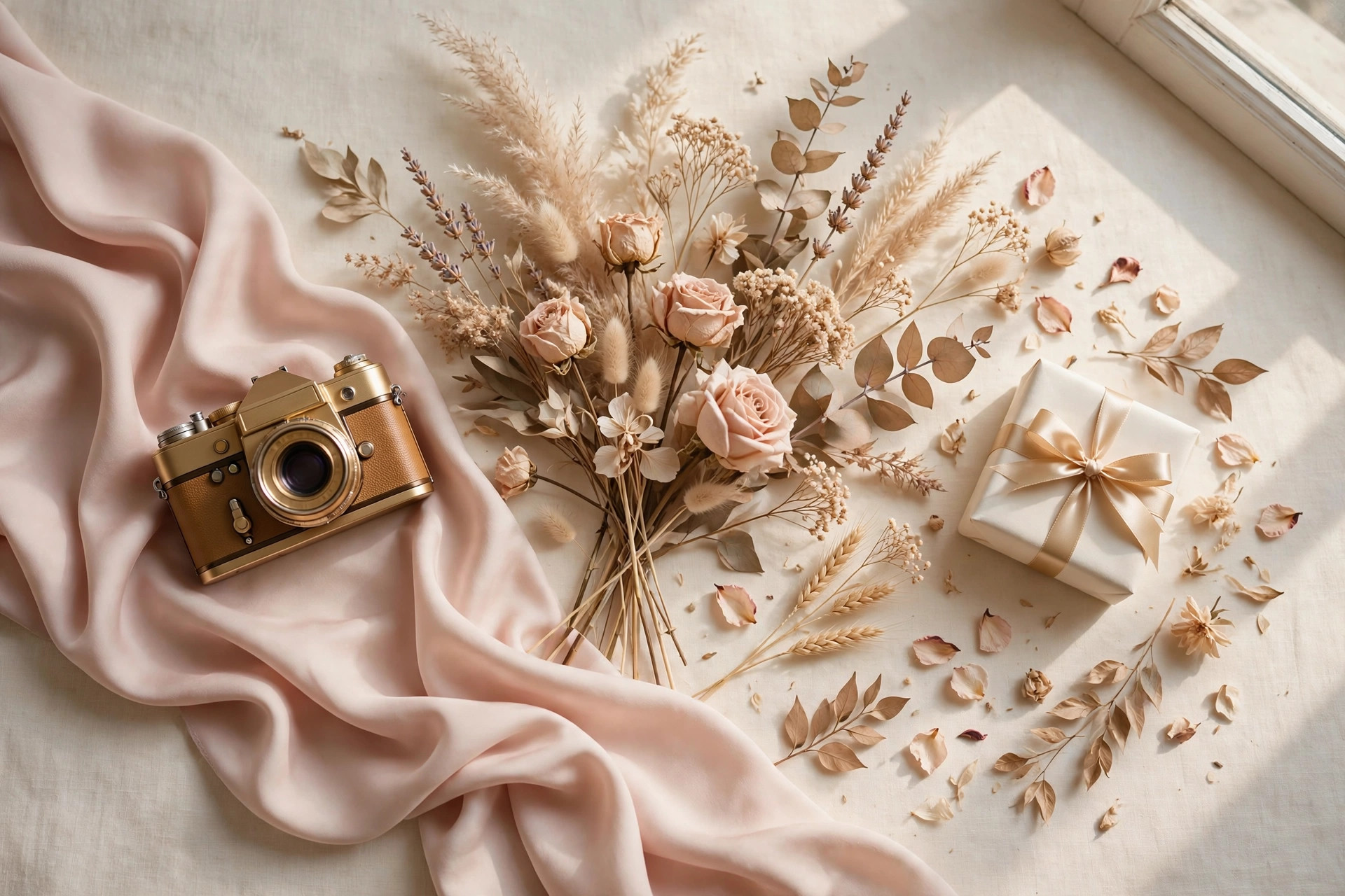 Elegant product photography flat lay with camera blush fabric and dried flowers