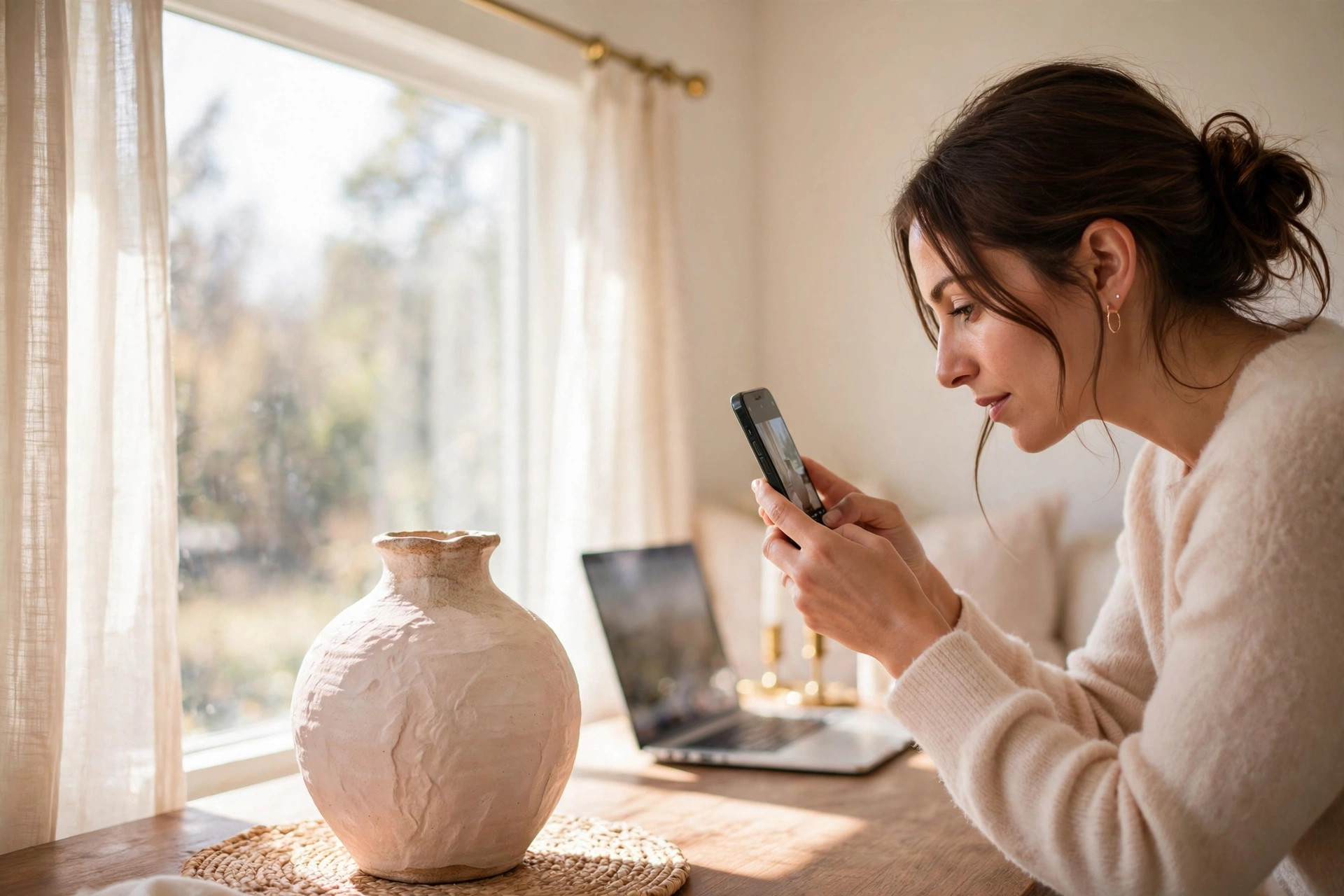 Woman photographing a handmade product with smartphone beside a bright window