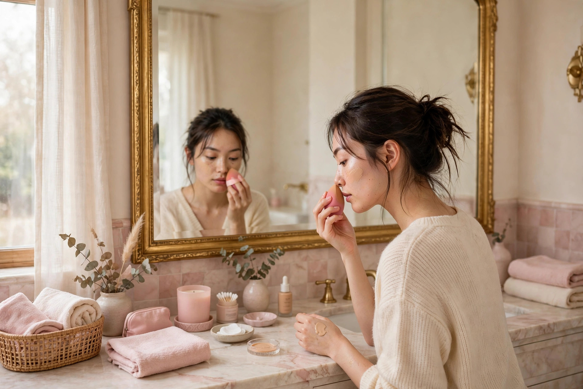 Blending liquid foundation with sponge for all day wear