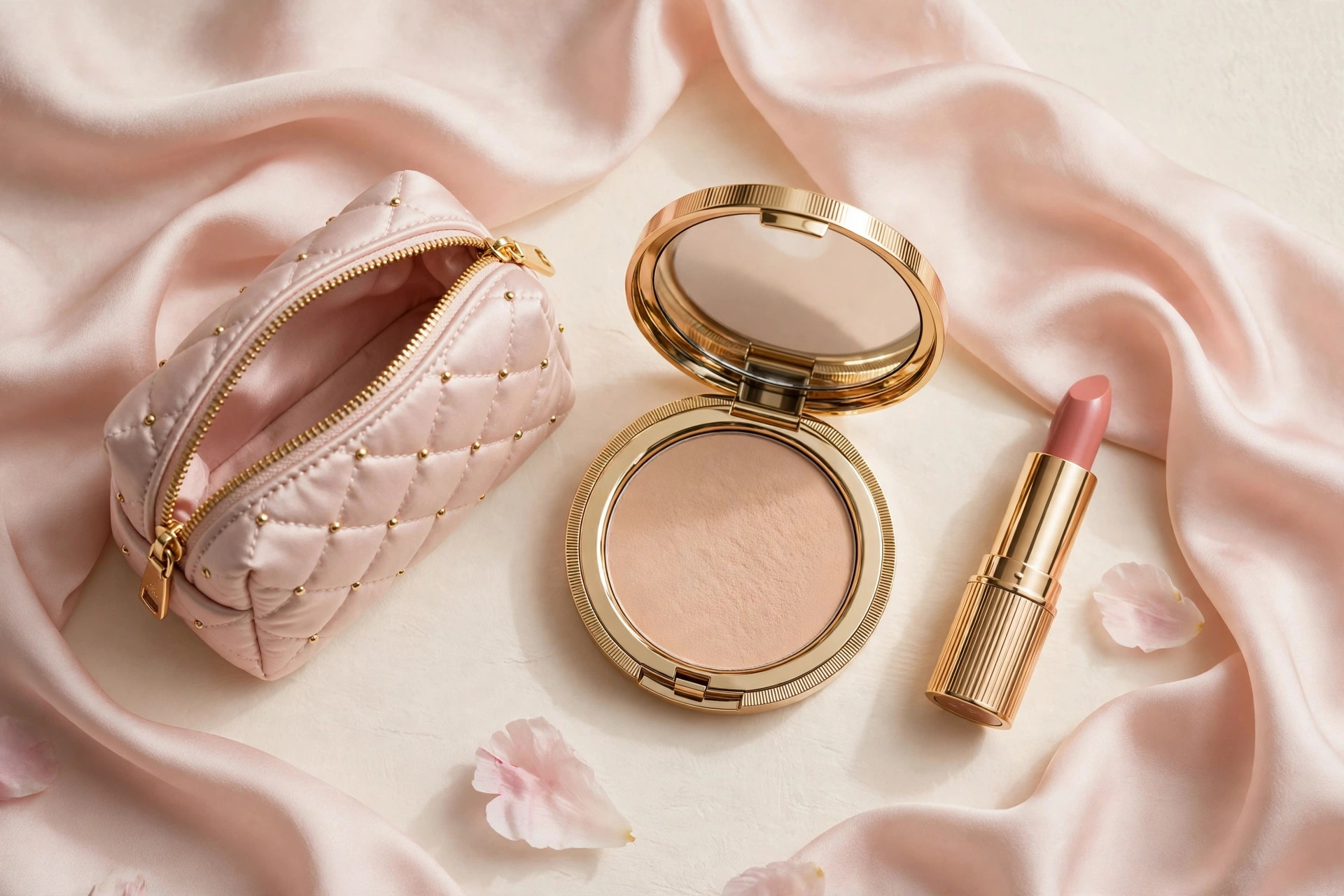 Small makeup touch up kit with powder and lipstick