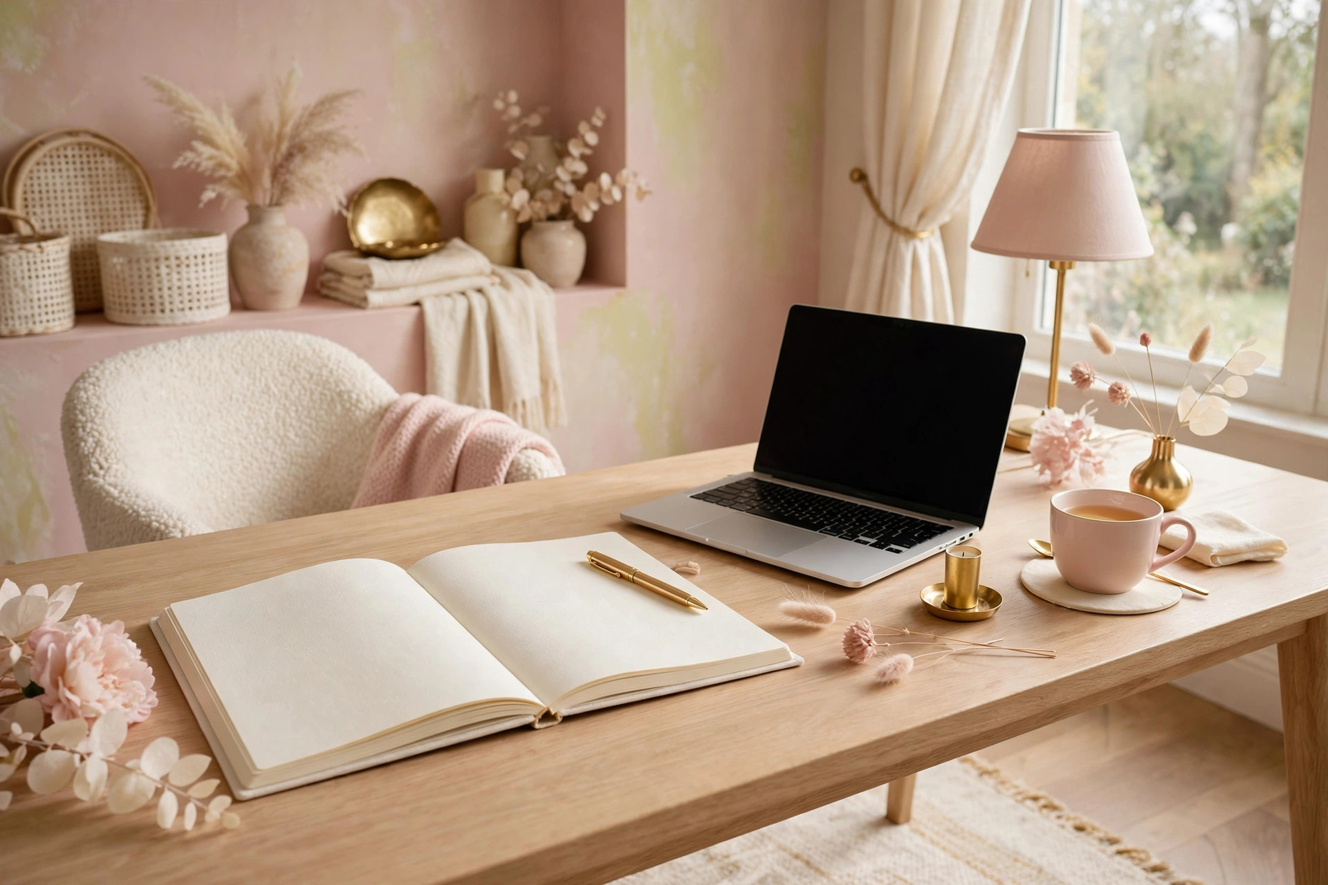 Desk with a notebook launch plan and a laptop in cosy blush pink home office tones