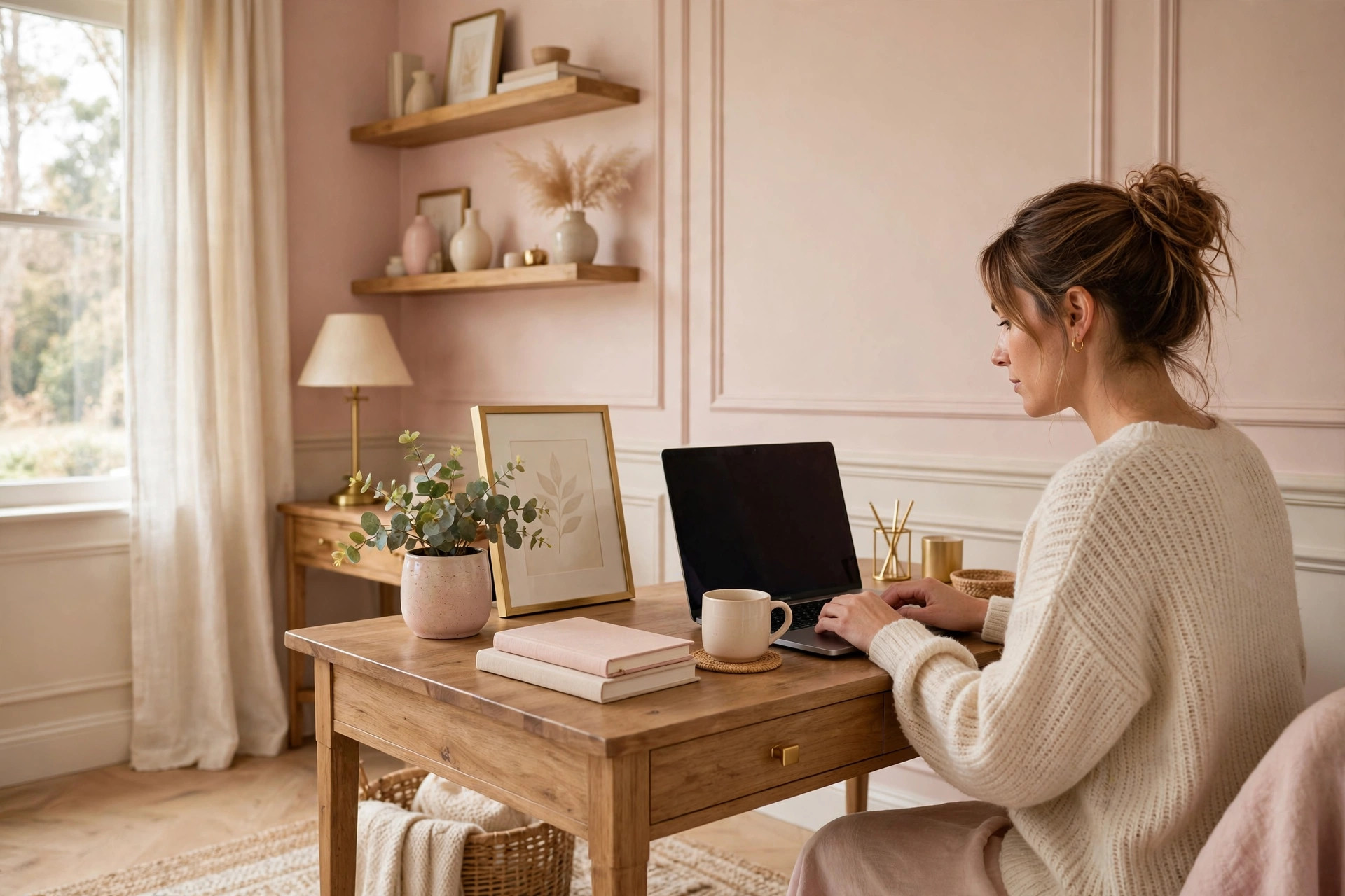Woman working on a laptop in a cosy blush pink home office setting up an online shop