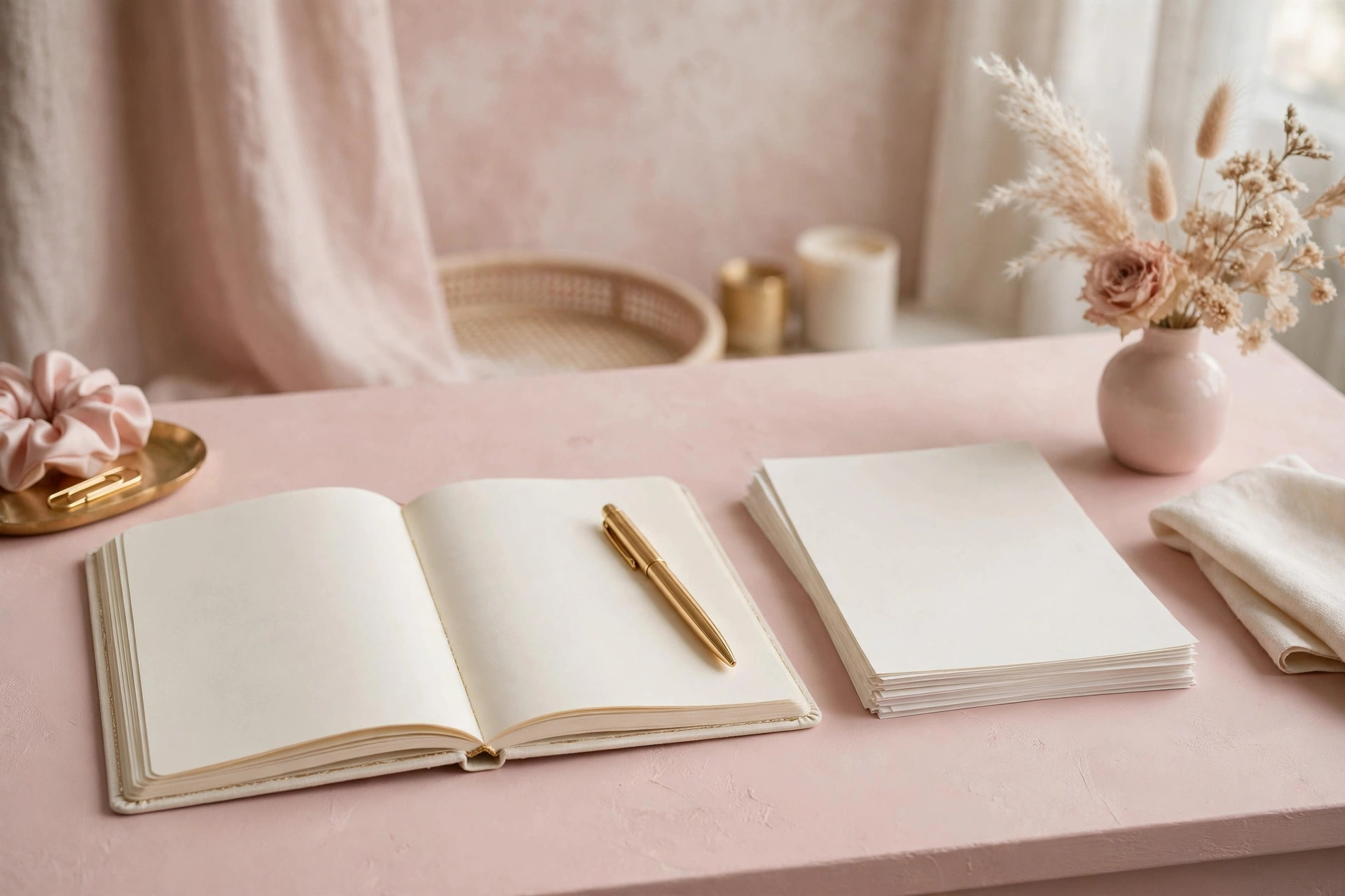 Open notebook with blank pages for pricing planning beside a gold pen on a cream desk