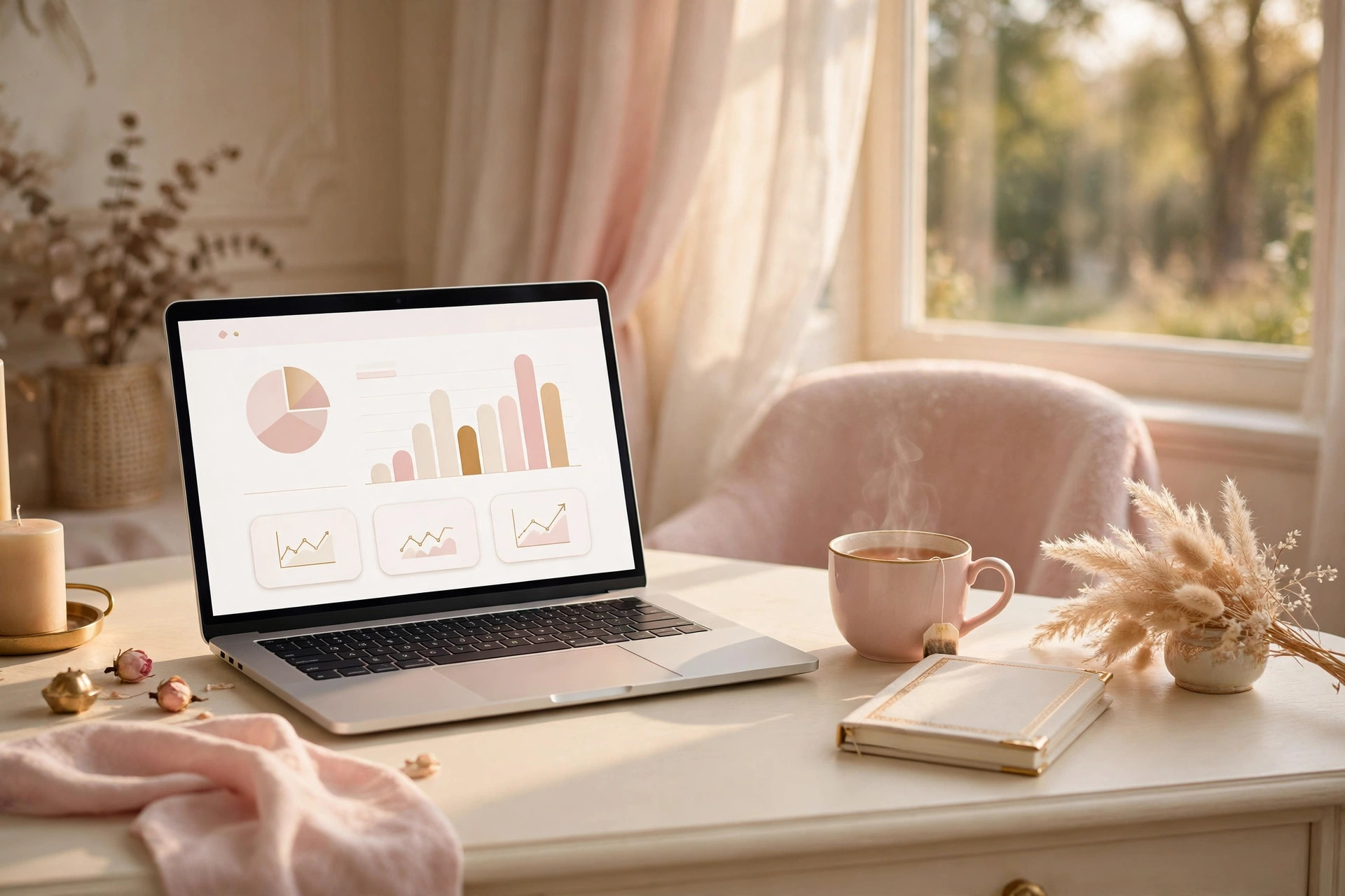 Laptop showing an online shop dashboard on a cosy blush pink desk with a cup of tea