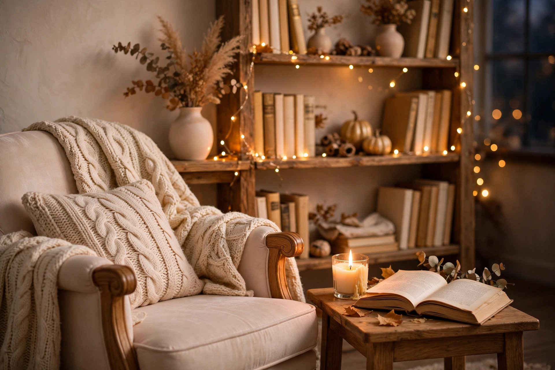 Woman romanticizing autumn evening with candle, book and warm drink in cosy living room