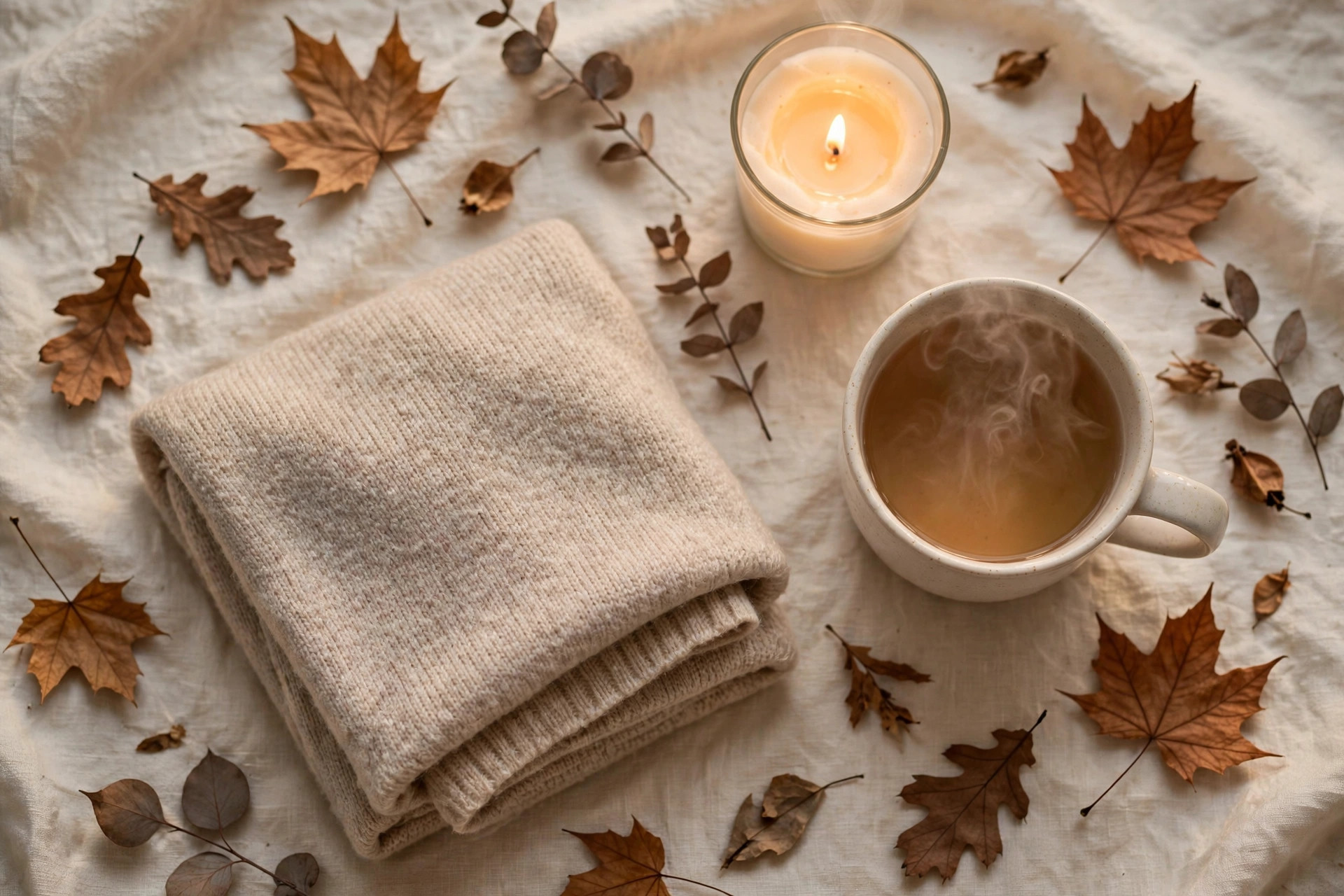 Evening transition ritual with soft knitwear, lit candle and herbal tea after work