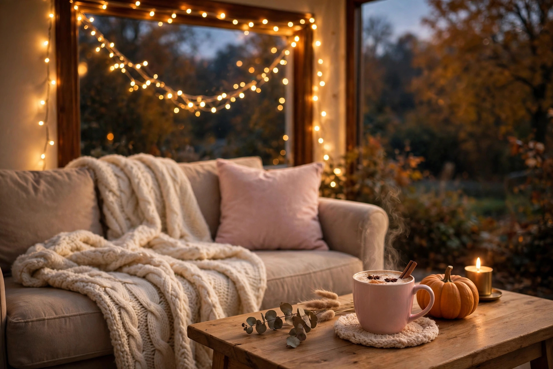 Cosy autumn evening pleasures with fairy lights, blanket and pumpkin spice drink