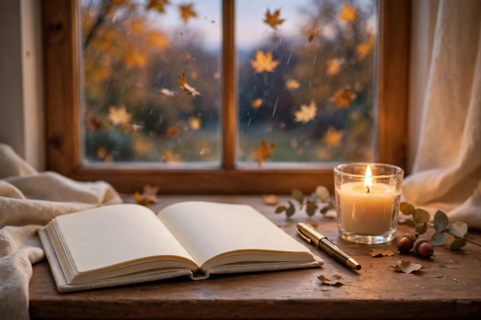 Peaceful autumn evening journaling by candlelight with falling leaves outside window