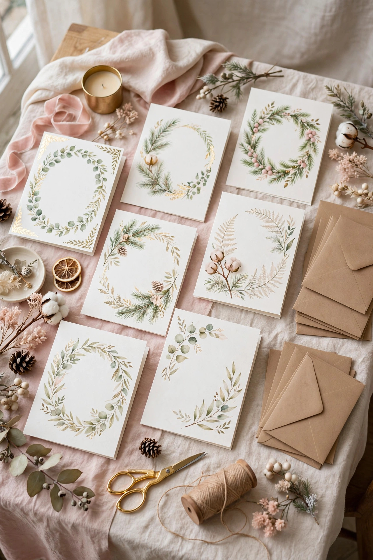 Handmade blank Christmas cards arranged on a craft table with envelopes
