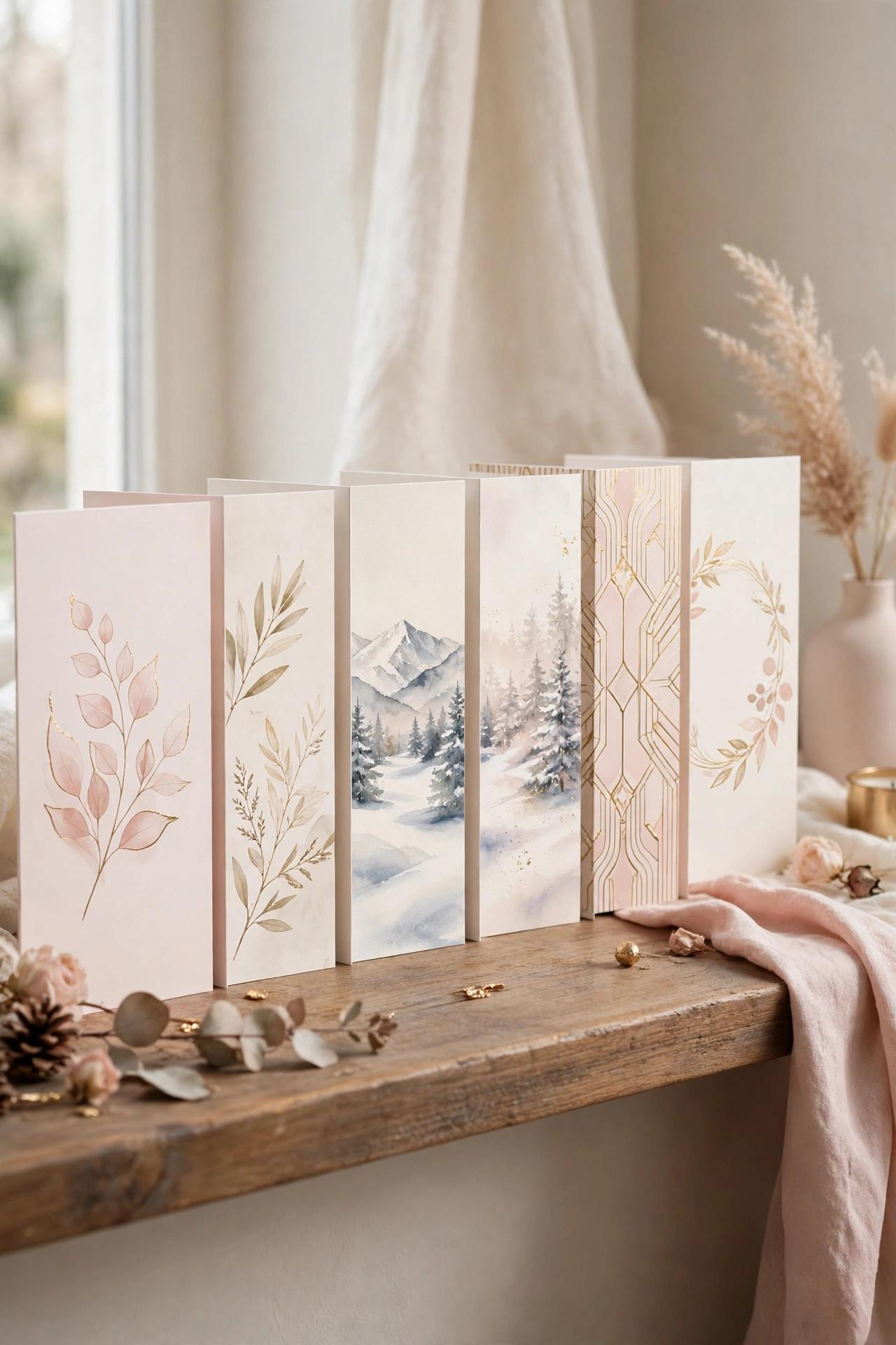 Variety of blank Christmas card designs displayed in a row showing different styles