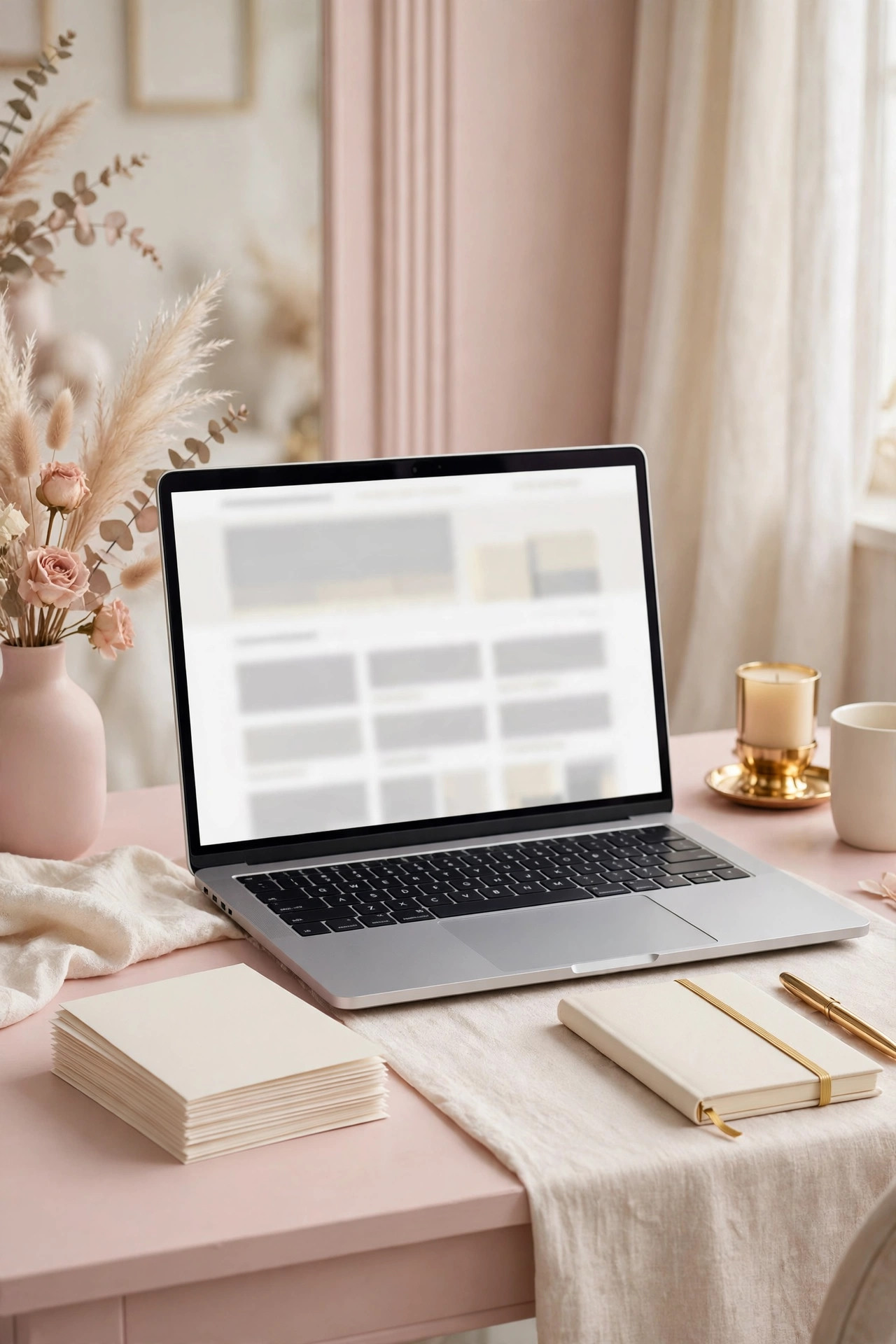 Laptop showing an Etsy-style product listing page beside blank Christmas cards