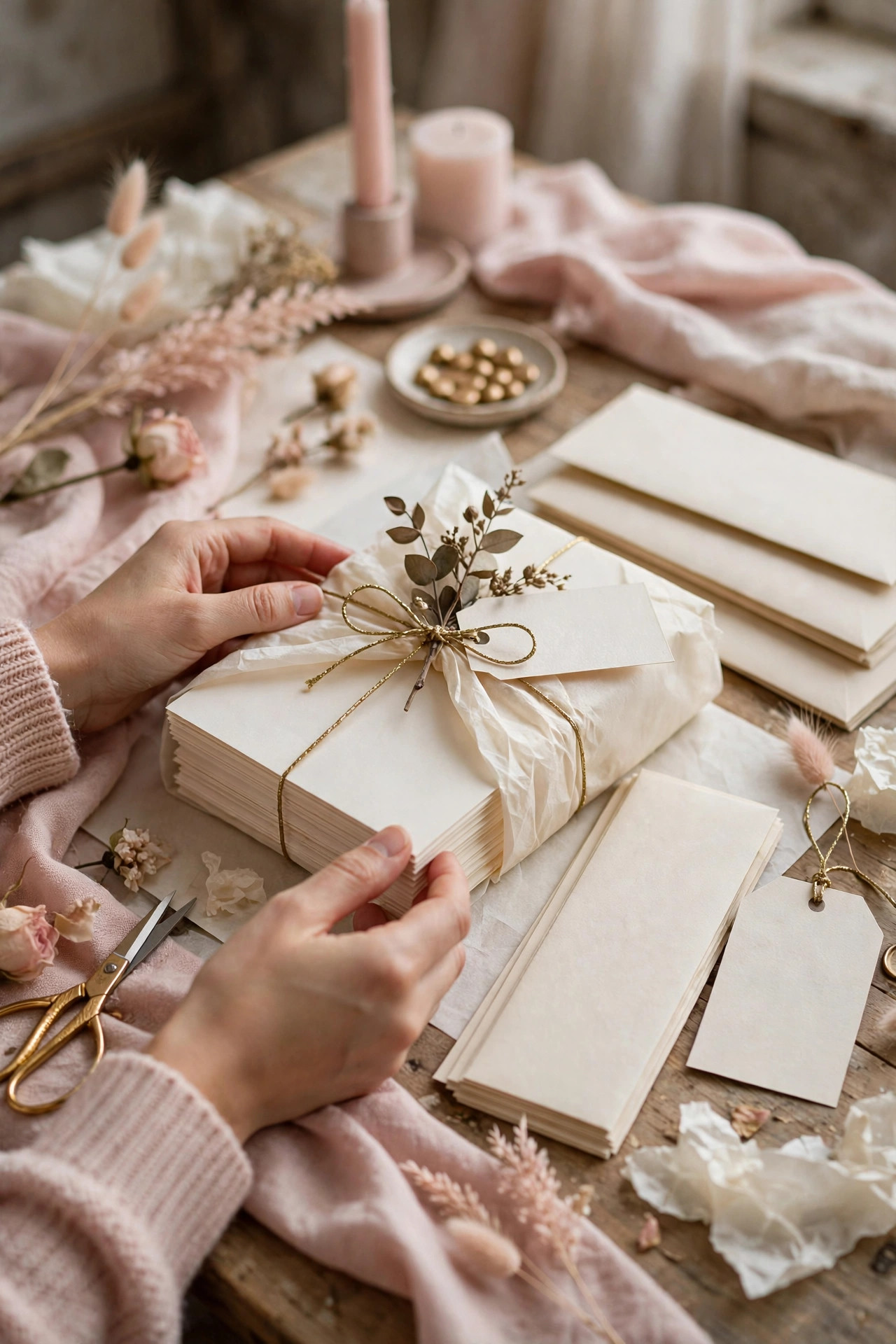 Christmas card order being wrapped in tissue paper with twine for shipping