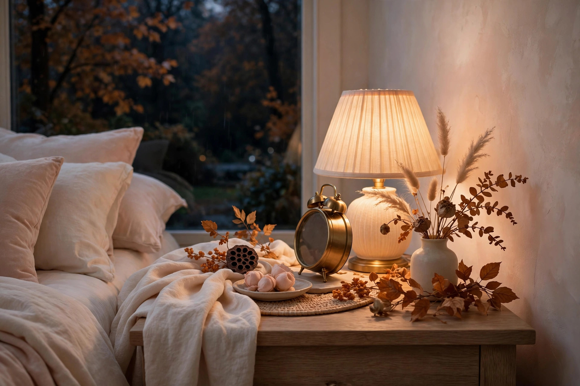 Alarm clock and glowing lamp on a bedside table in a cosy autumn bedroom at night