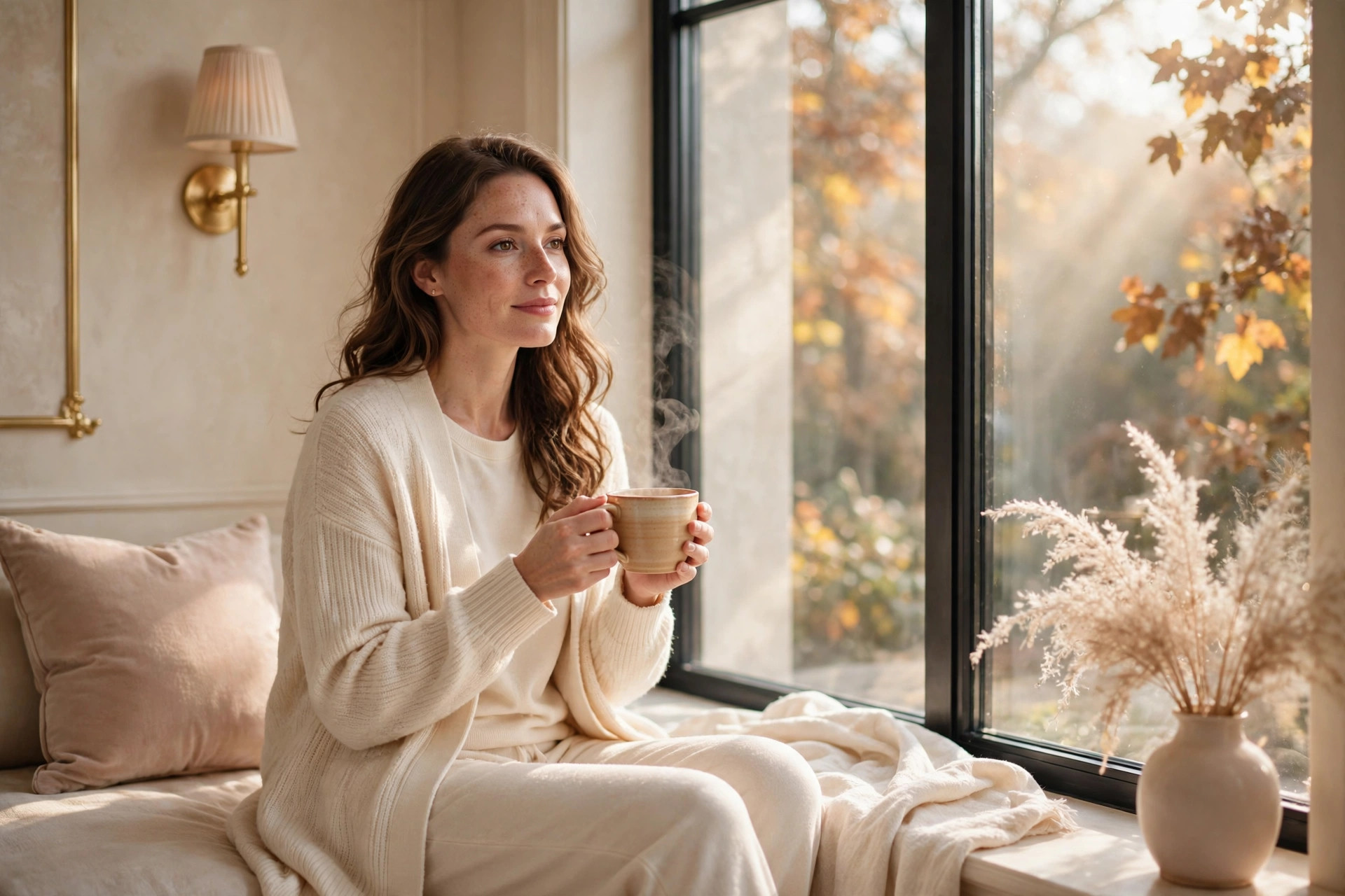Woman holding a warm cup of tea by a sunny window with autumn leaves outside