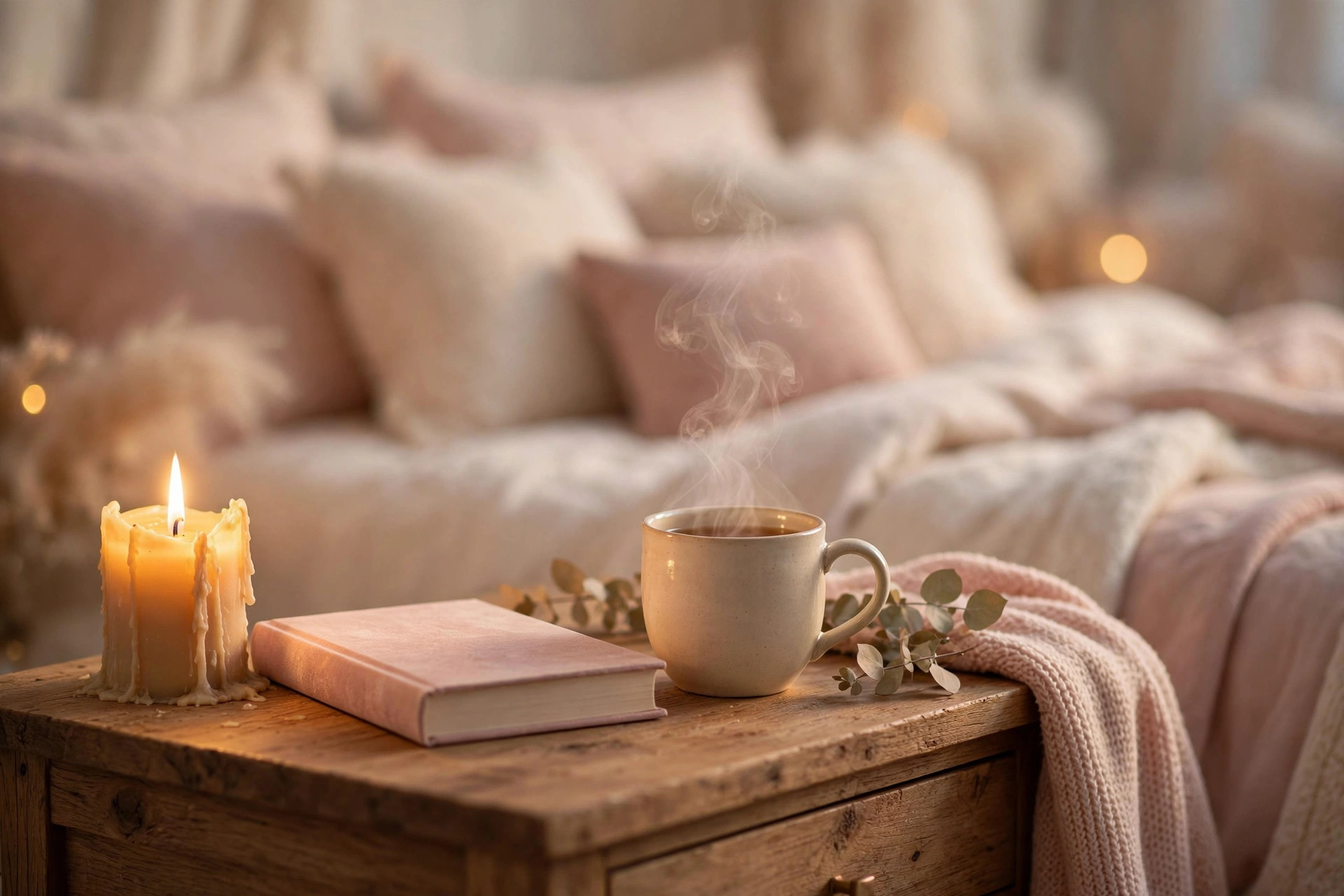 Lit candle, closed book and cup of tea on a bedside table for a cosy bedtime routine