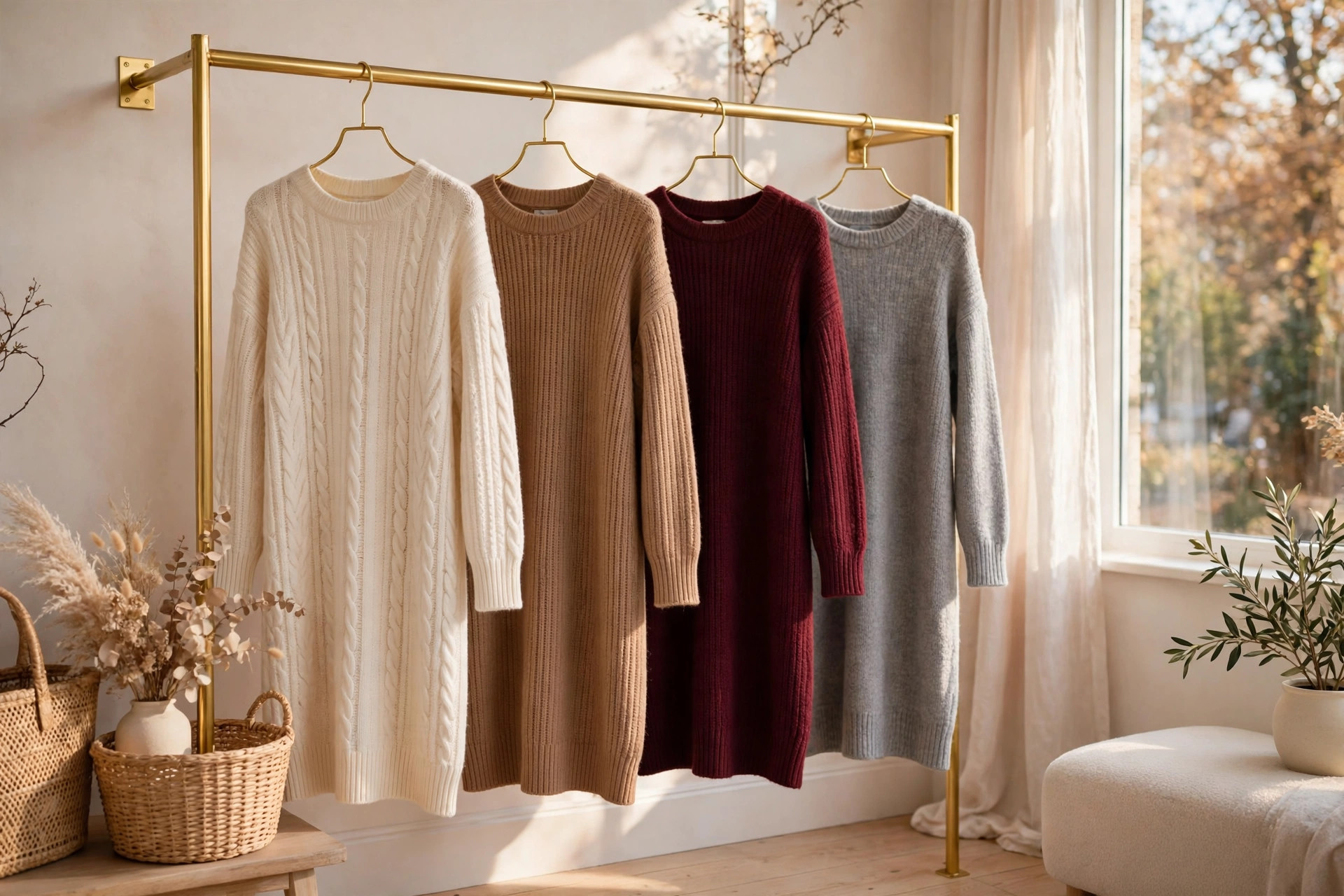 Cream and camel sweater dresses hanging on a boutique rail in autumn light
