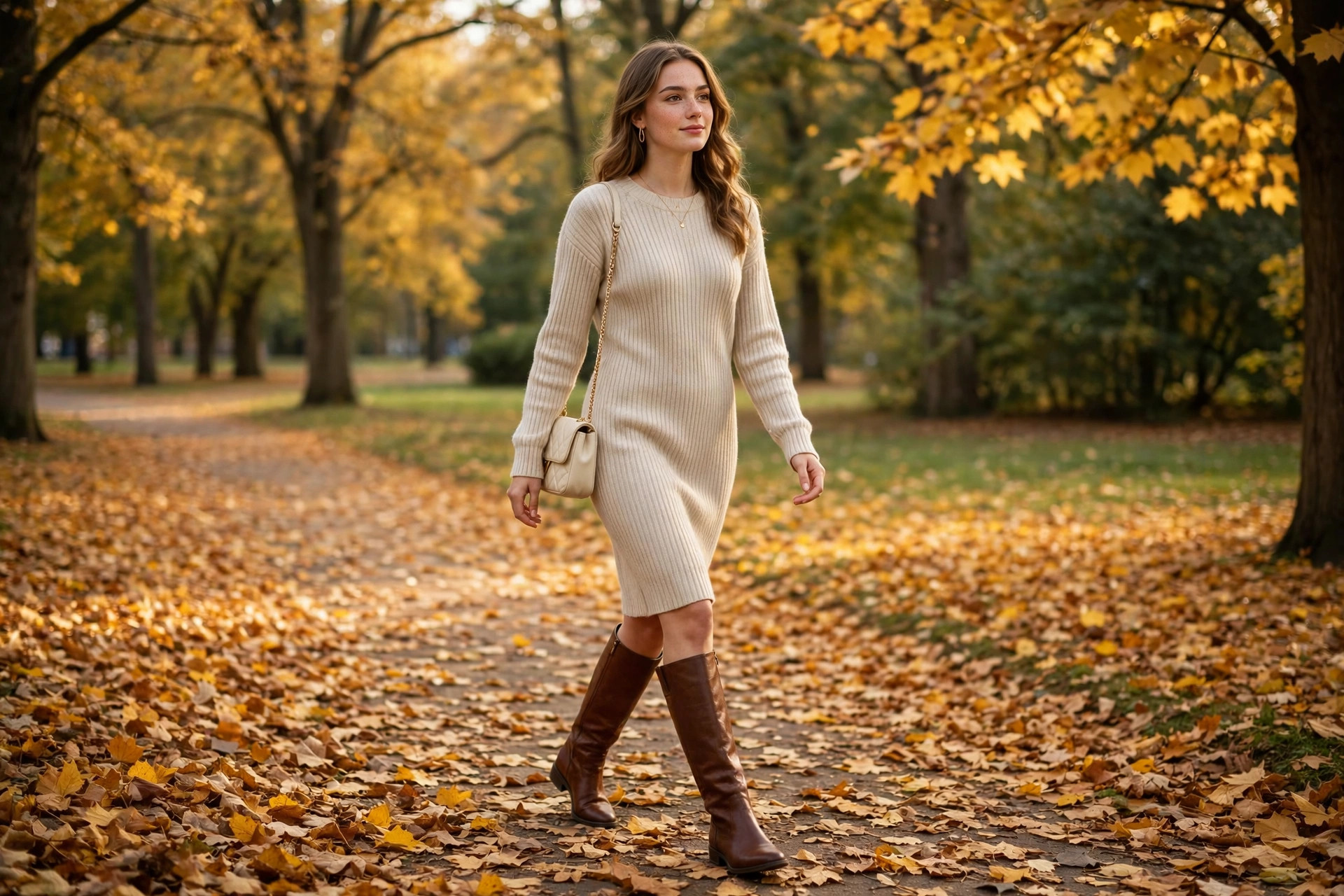 Woman in cream sweater dress with knee high boots in autumn street