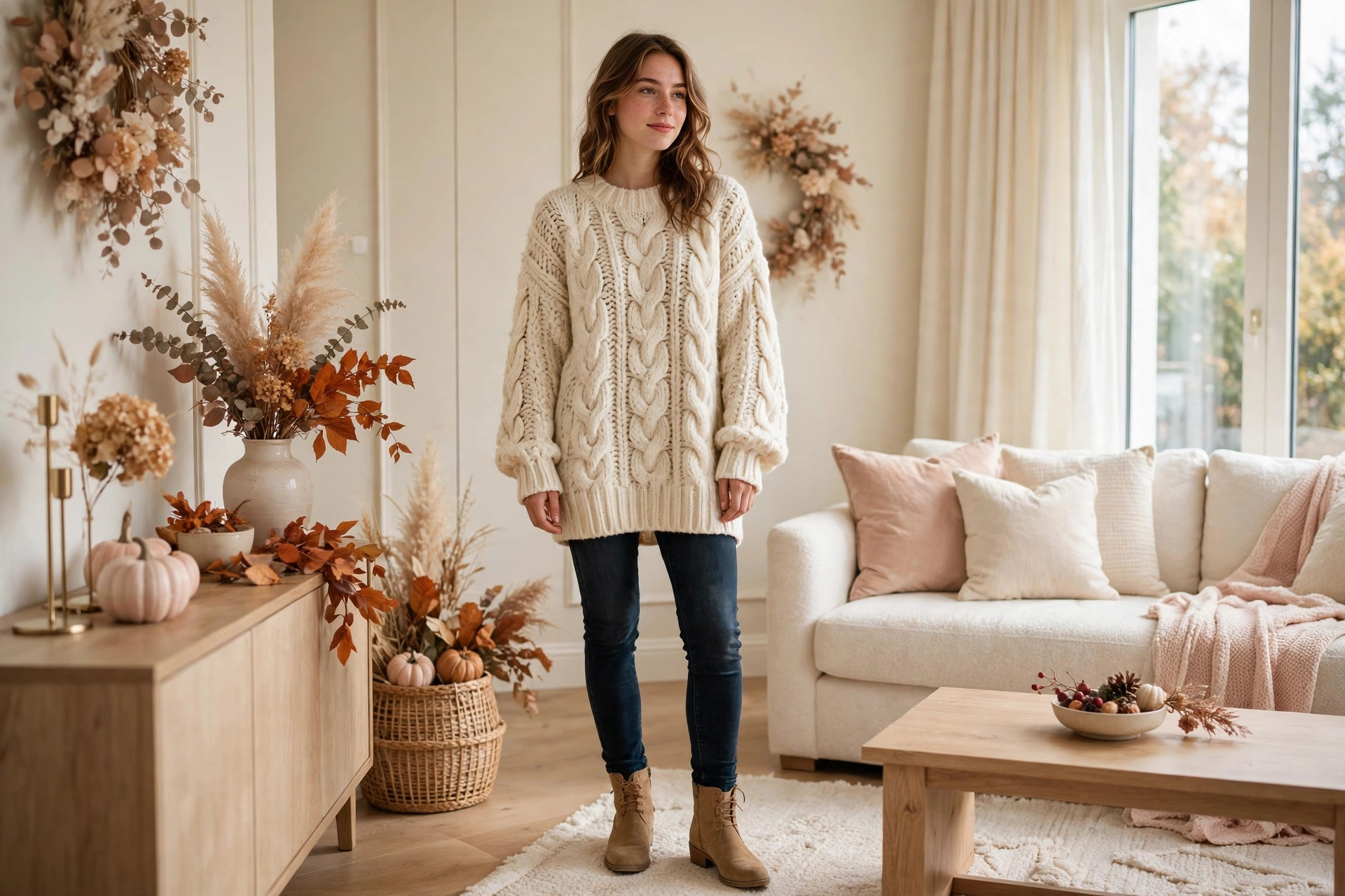 Woman layering an oversized sweater dress over skinny jeans and boots