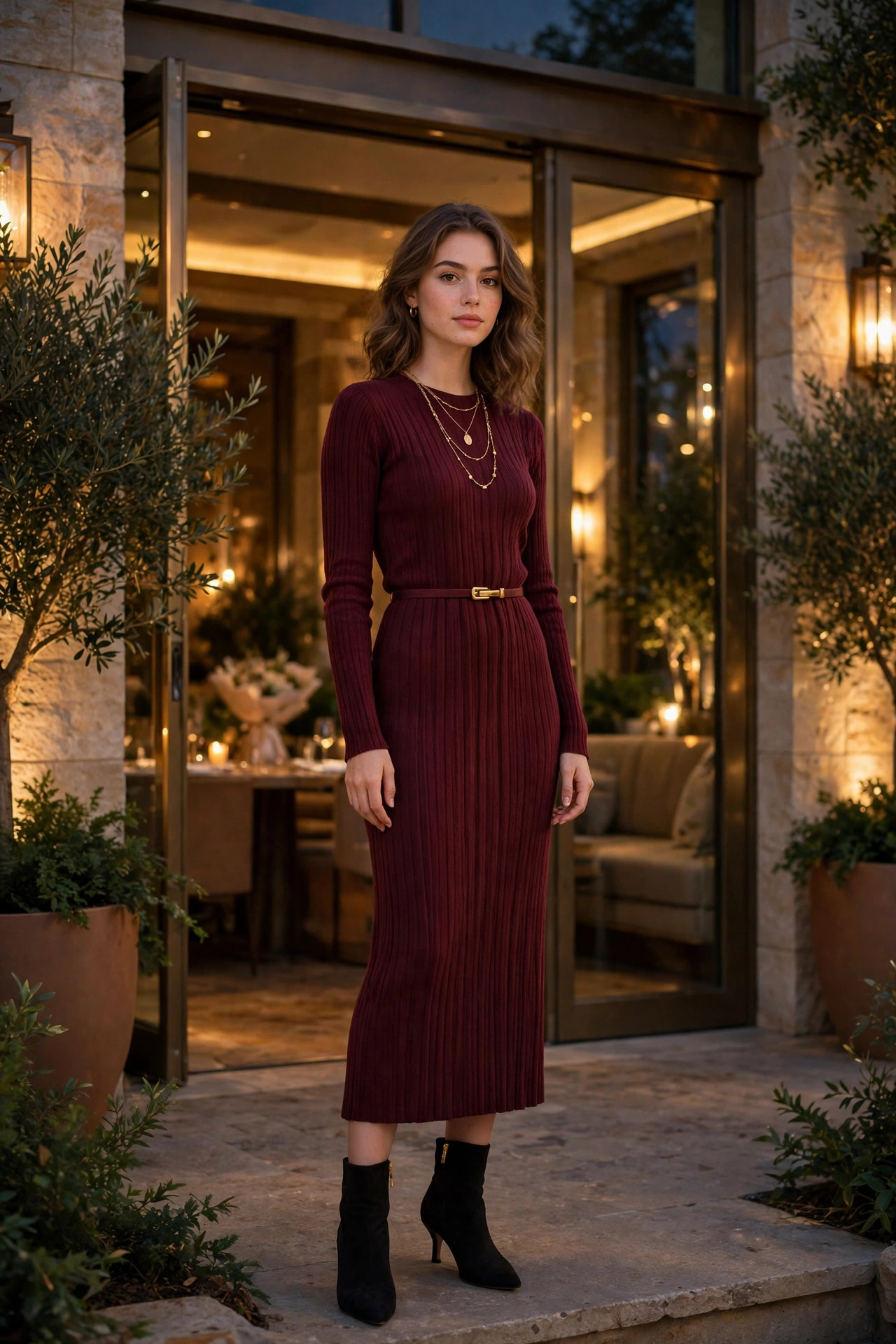 Elegant evening look with sweater dress gold jewellery and heels
