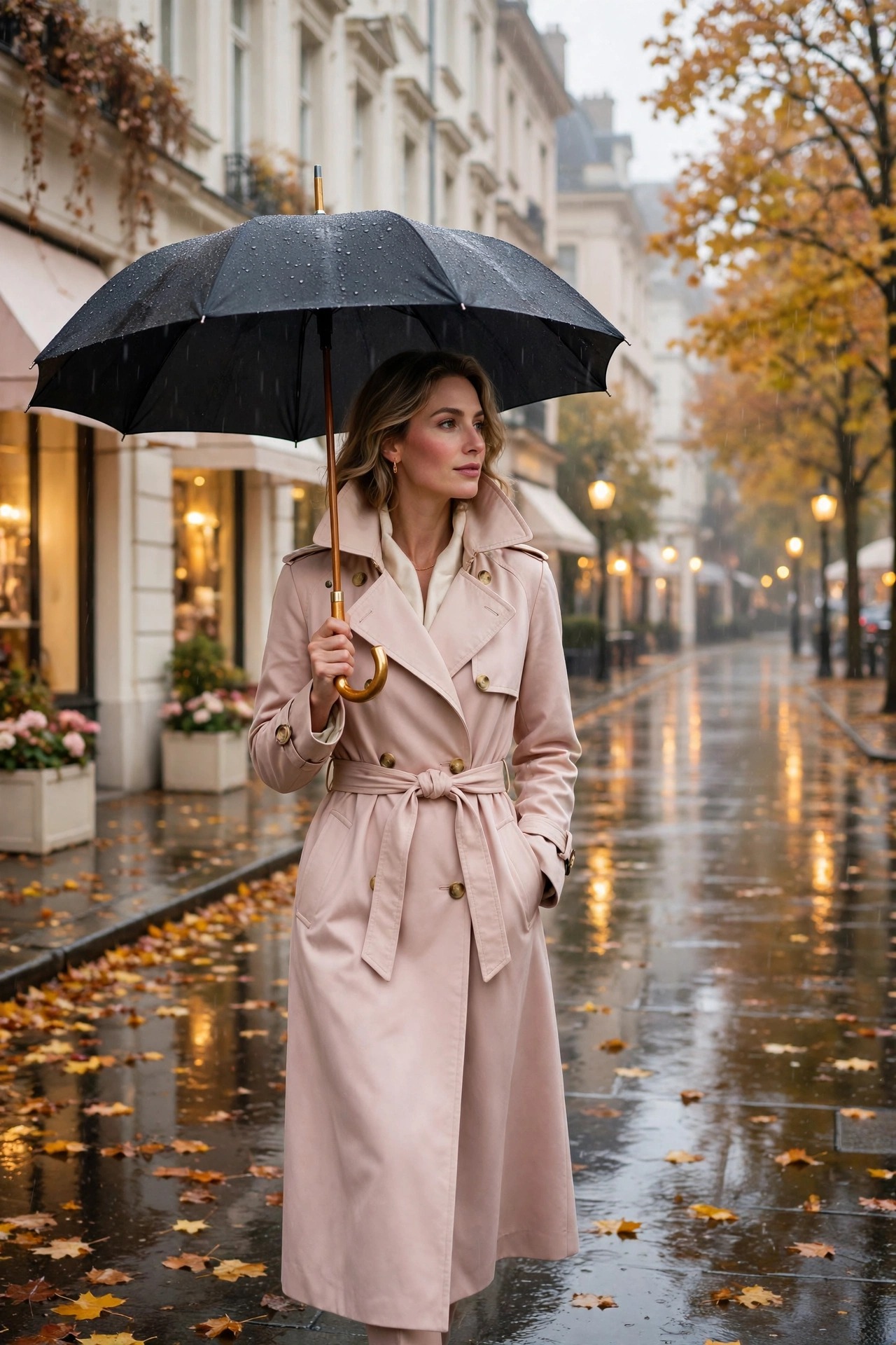 Styling a trench coat in rainy fall weather with umbrella
