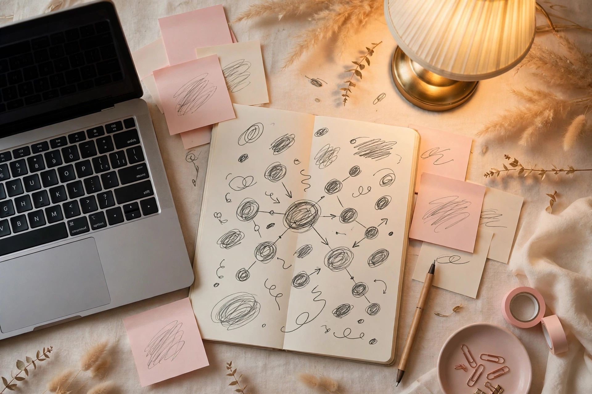 Etsy seller researching keywords for titles on laptop with notebook