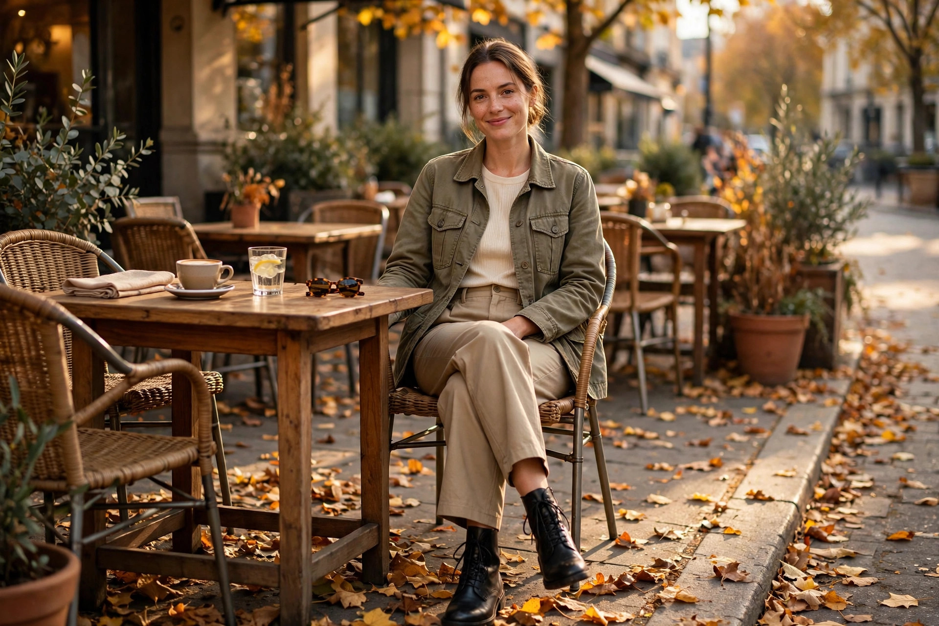 A woman in a khaki utility jacket and high-waisted khaki trousers sitting at an autumn cafe table, wide horizontal 3:2 composition, no text or words in the image