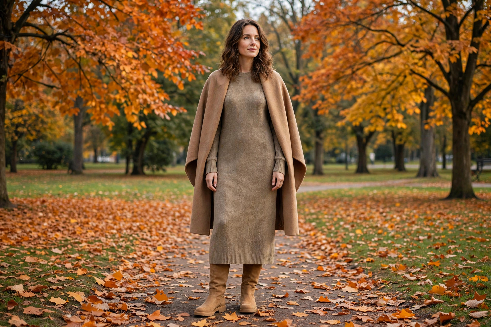 A woman in a long khaki knit dress with a camel wrap coat and knee-high boots in an autumn park, wide horizontal 3:2 composition, no text or words in the image
