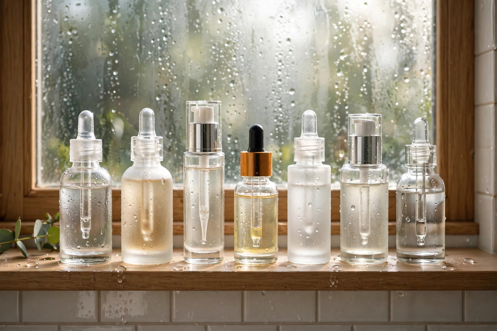 Photorealistic arrangement of essence and serum bottles in a row on a bathroom shelf, soft morning light through a window, water droplets on glass, wide horizontal 3:2 composition, no text or words in the image.