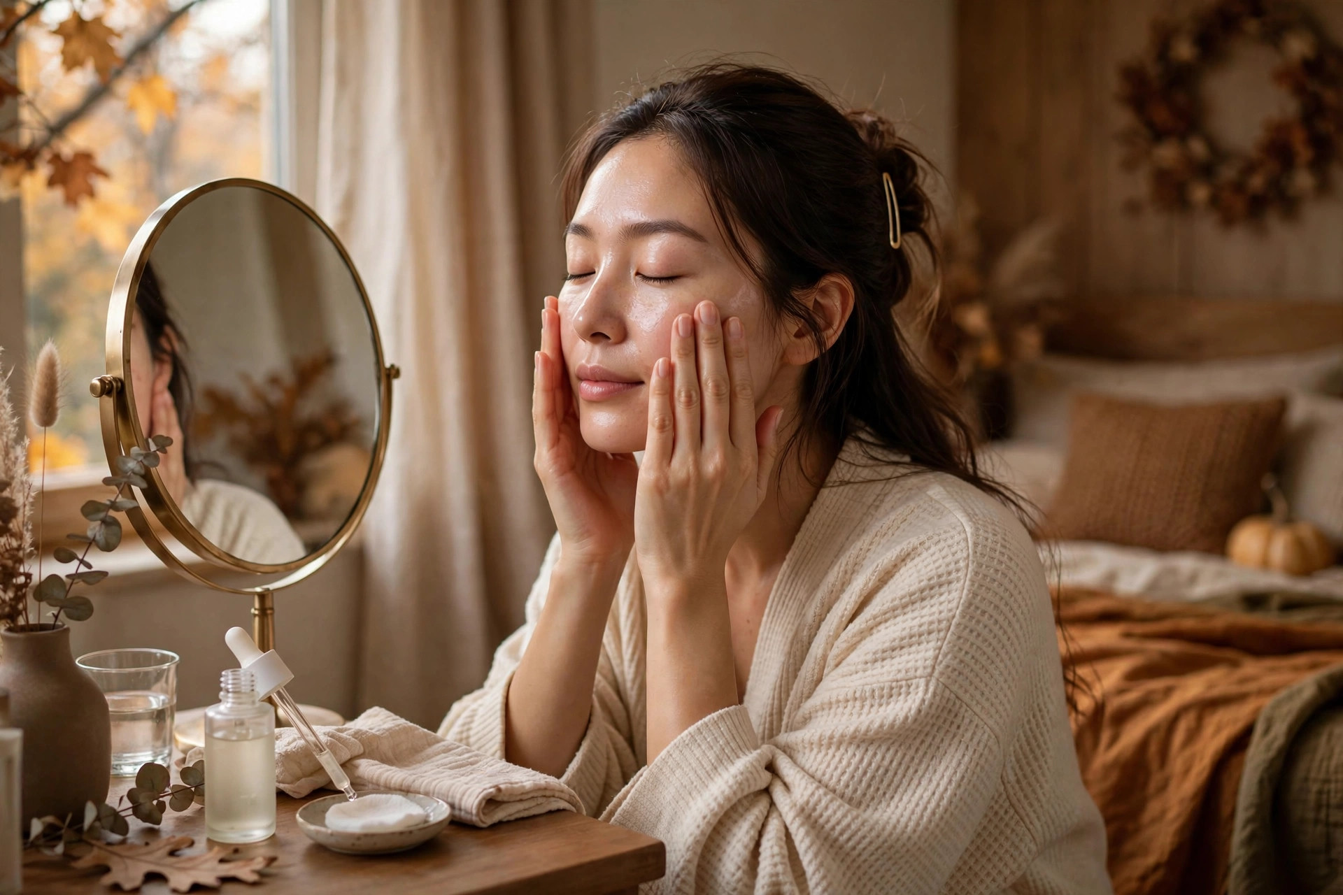 Photorealistic woman patting essence into her face with both hands at a vanity mirror, dewy fresh skin, cosy autumn bedroom light, wide horizontal 3:2 composition, no text or words in the image.
