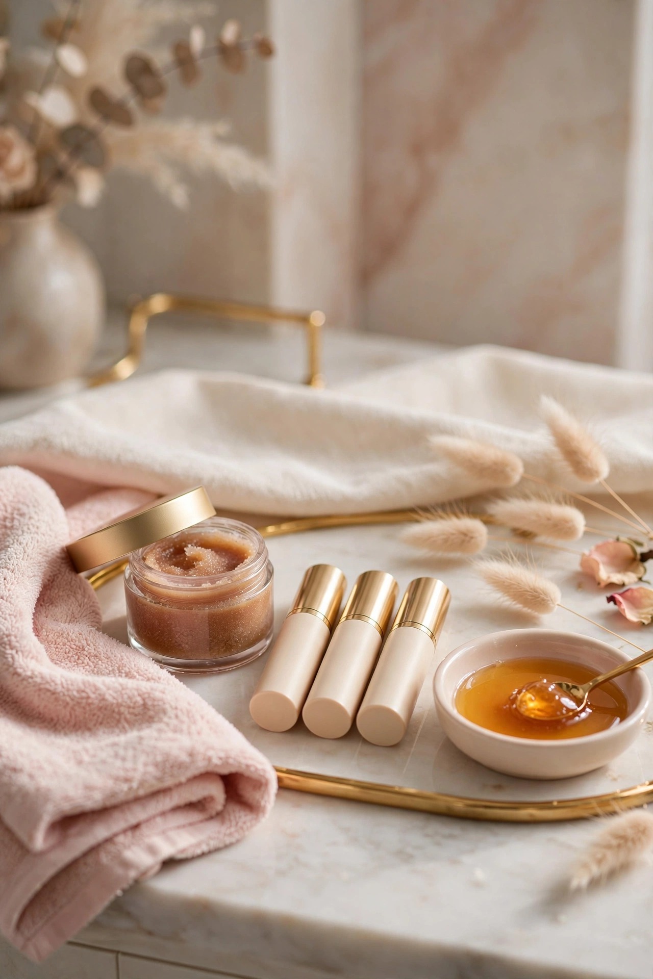 Chapped winter lips explained with lip care routine and warm tea nearby