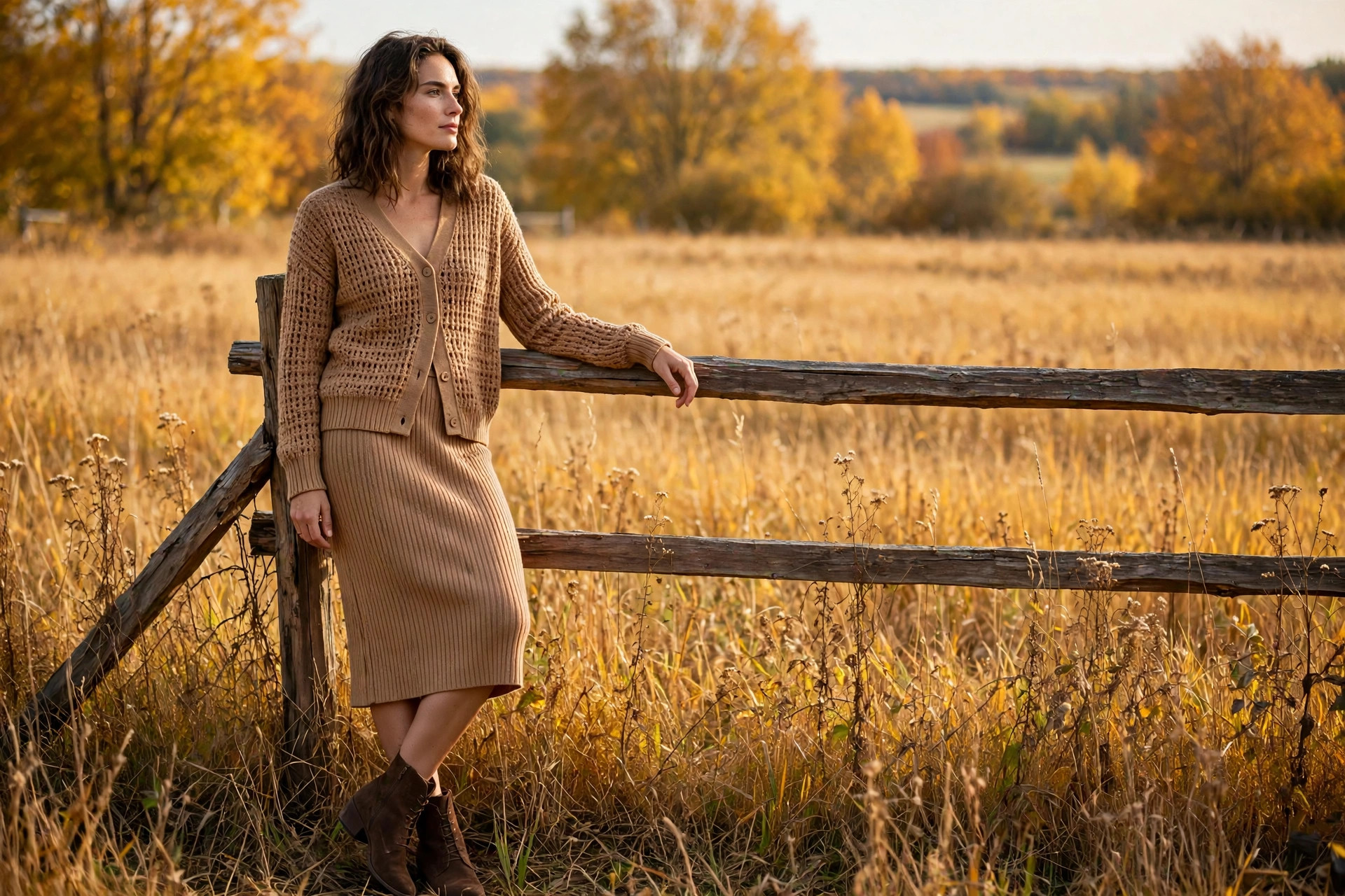 Woman in a camel ribbed knit cardigan and matching skirt set with ankle boots, leaning on a wooden fence in a golden fall field, wide horizontal 3:2 composition, no text or words in the image