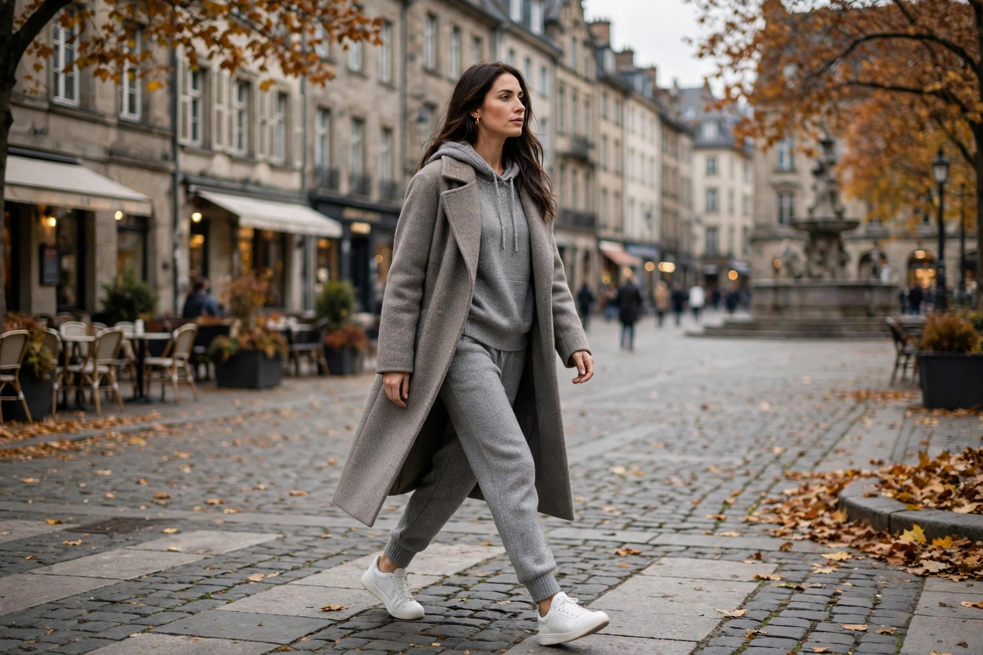 Woman wearing a grey matching knit hoodie and jogger set with white sneakers and a long wool coat, crossing a city square in autumn, wide horizontal 3:2 composition, no text or words in the image