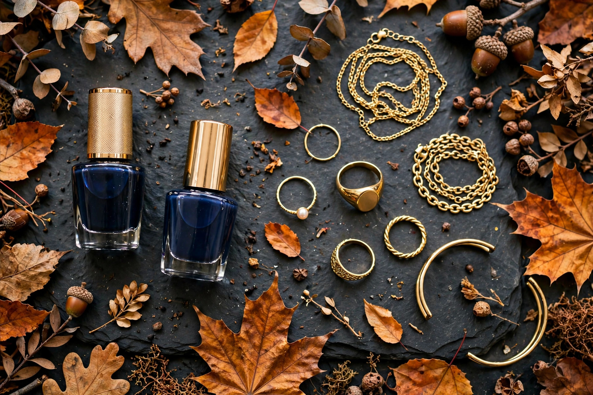 Photorealistic flat lay of midnight blue and navy nail polish bottles with gold jewellery on dark slate beside autumn leaves, wide horizontal 3:2 composition, no text or words in the image.