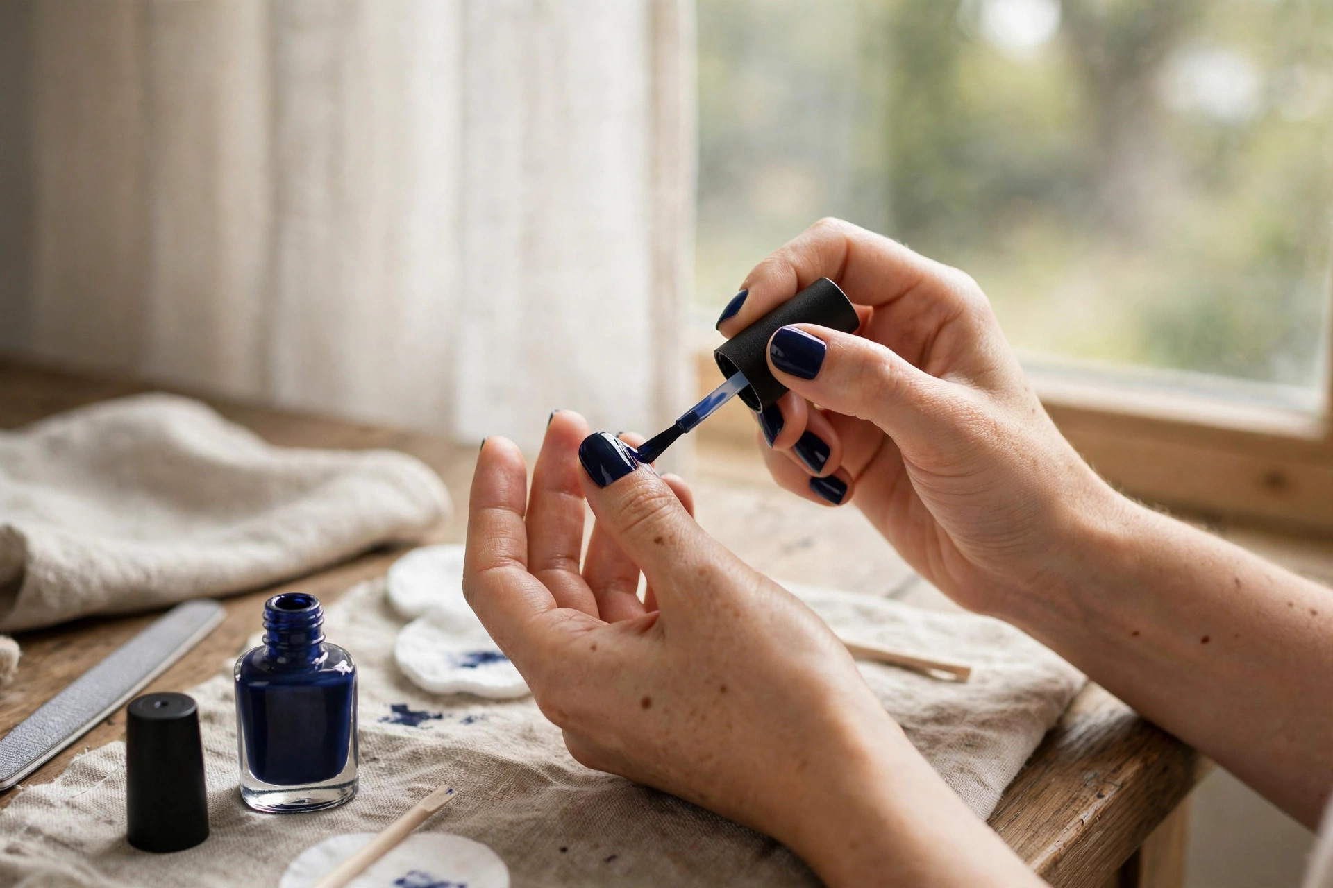 Photorealistic view of hands applying deep navy nail polish during an at-home manicure by a window in soft daylight, wide horizontal 3:2 composition, no text or words in the image.