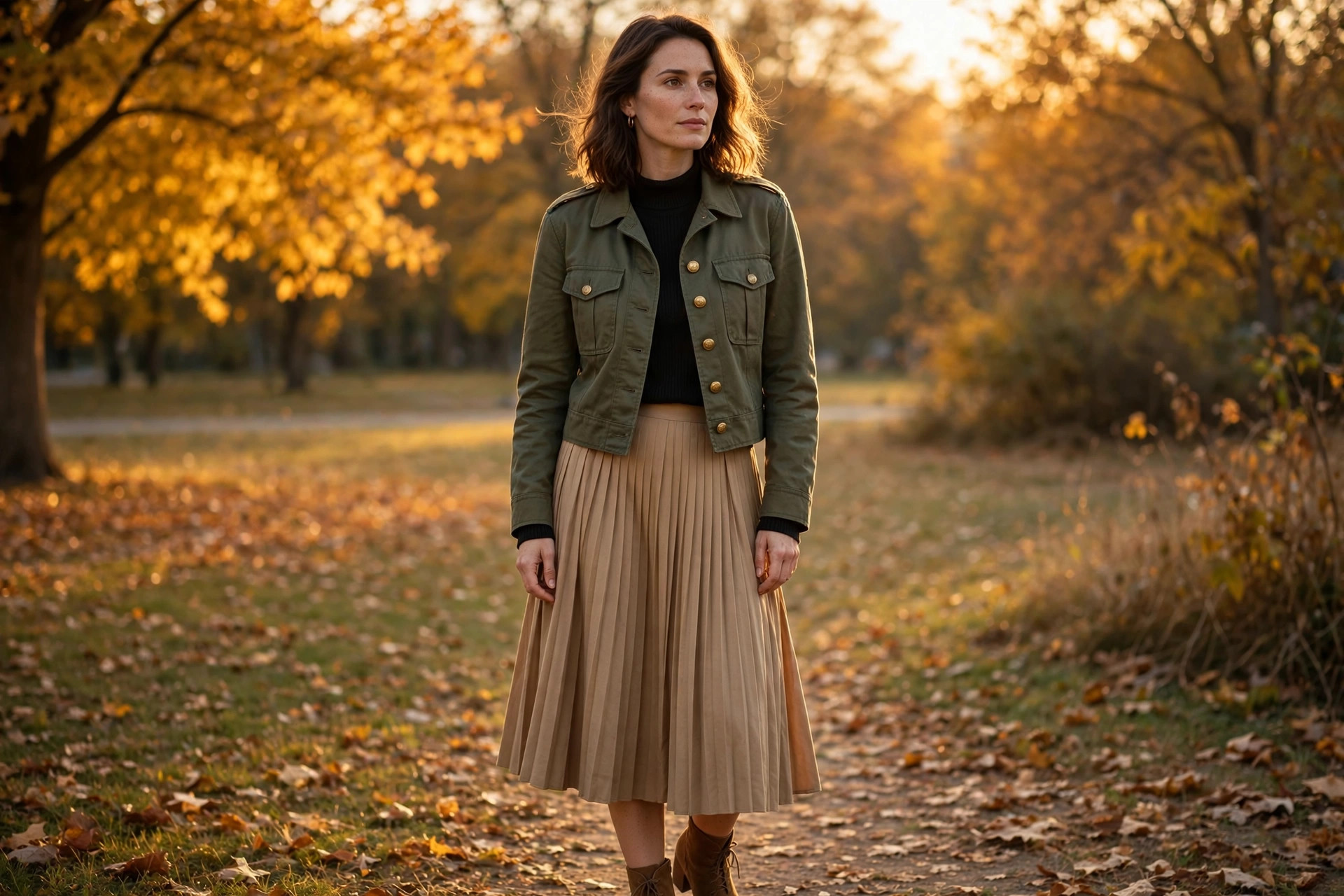 Photorealistic image of a woman wearing a cropped military jacket with a pleated midi skirt and ankle boots in golden autumn light, wide horizontal 3:2 composition, no text or words in the image.
